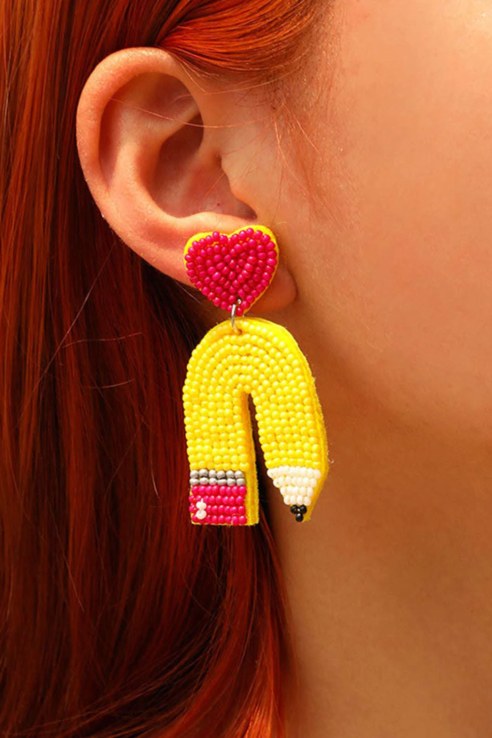 Fashionable Threaded Pear Yellow Heart Pencil Earrings Relaxed