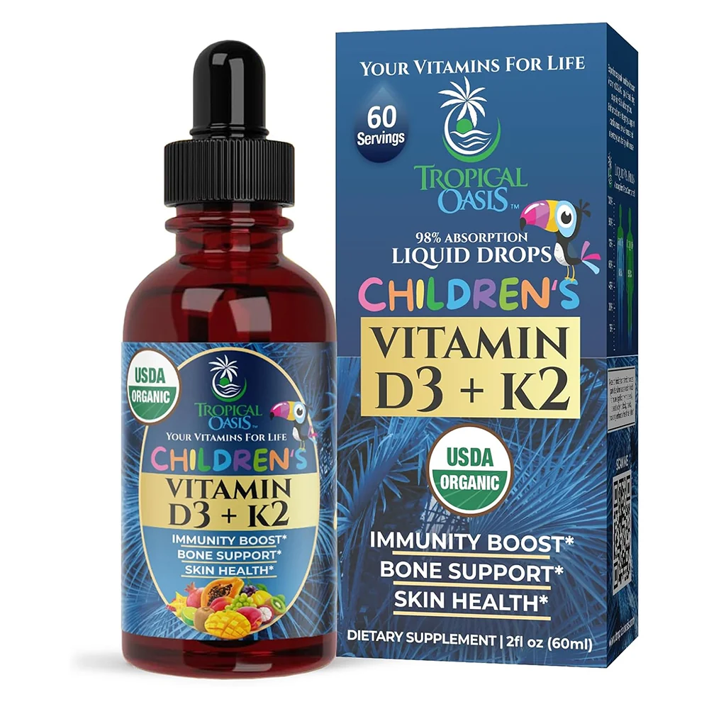 Original Design Tropical Oasis Vitamin D3 Plus K2 Organic Drops for Kids Support Bone and Boost Immunity 2Oz 60ml Quality
