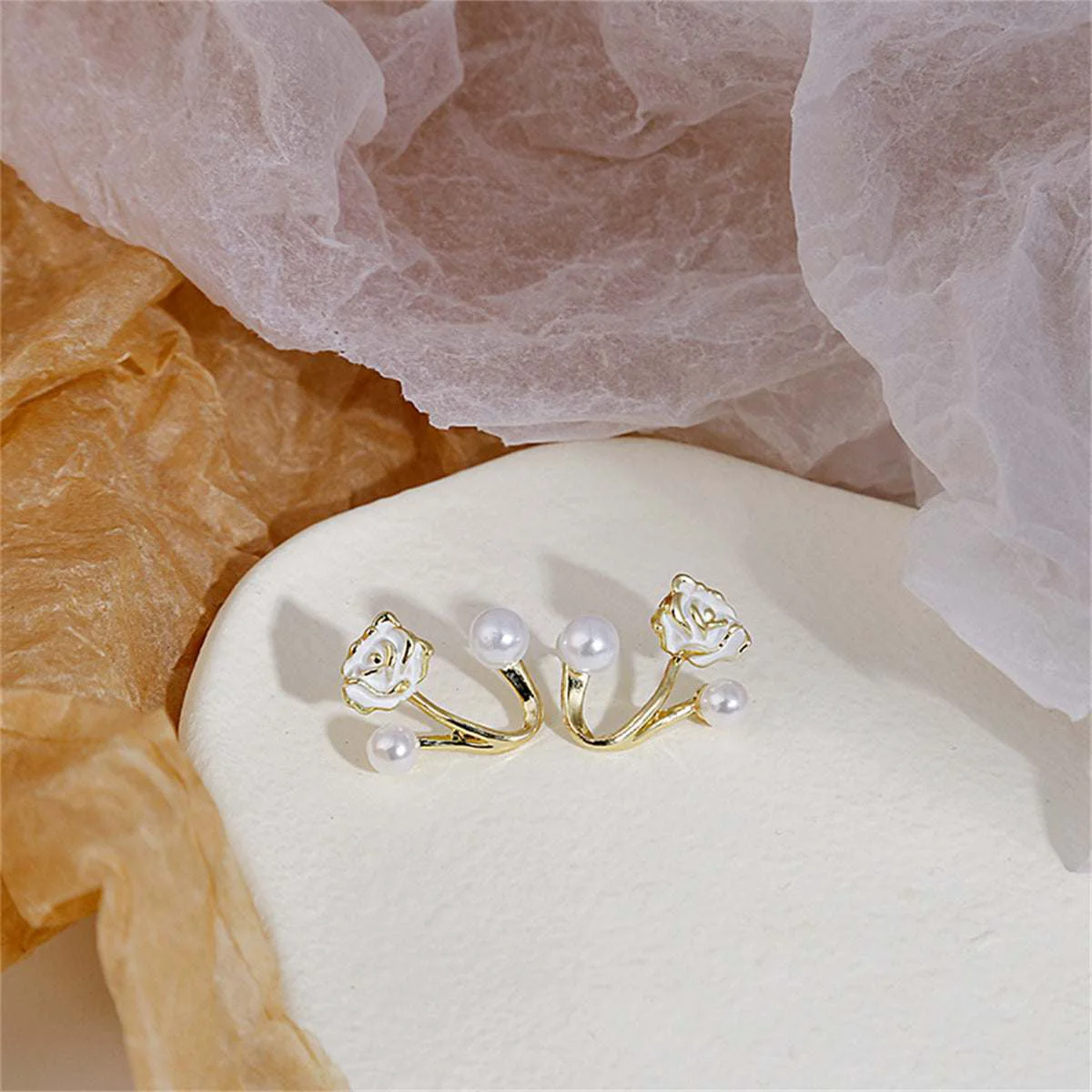 Premium Material Pearl White Enamel Goldtone Rose Ear Jackets Pure