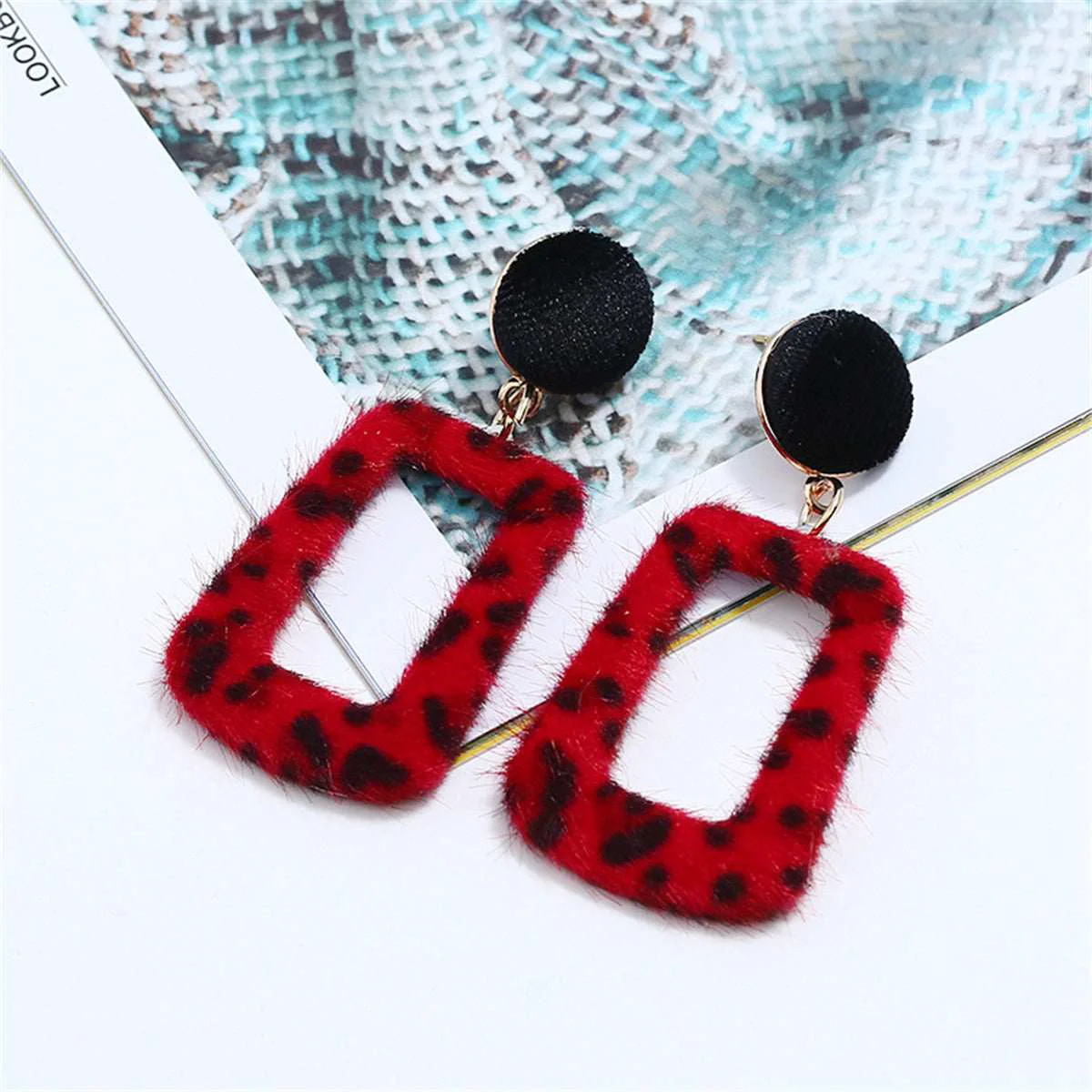 Classic Red Gabardine Leopard-Print Square Drop Earrings Casual