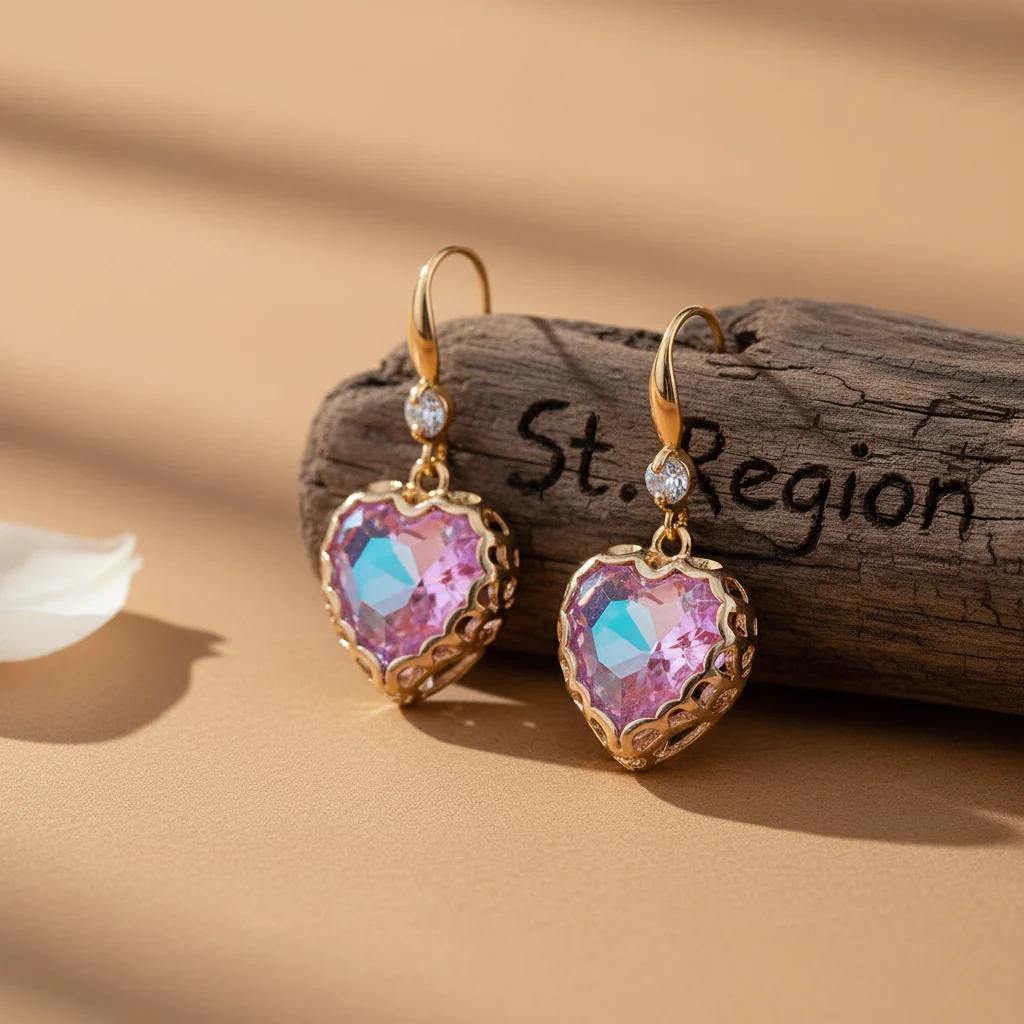 Solid Purple Iridescent Crystal Cubic Zirconia Goldtone Heart Hook Earrings Durable
