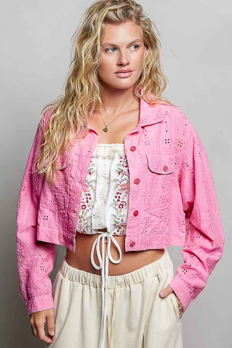 High-Performance DBLCLK Women's Eyelet Textured Cotton Cropped Button-Front Jacket Verified