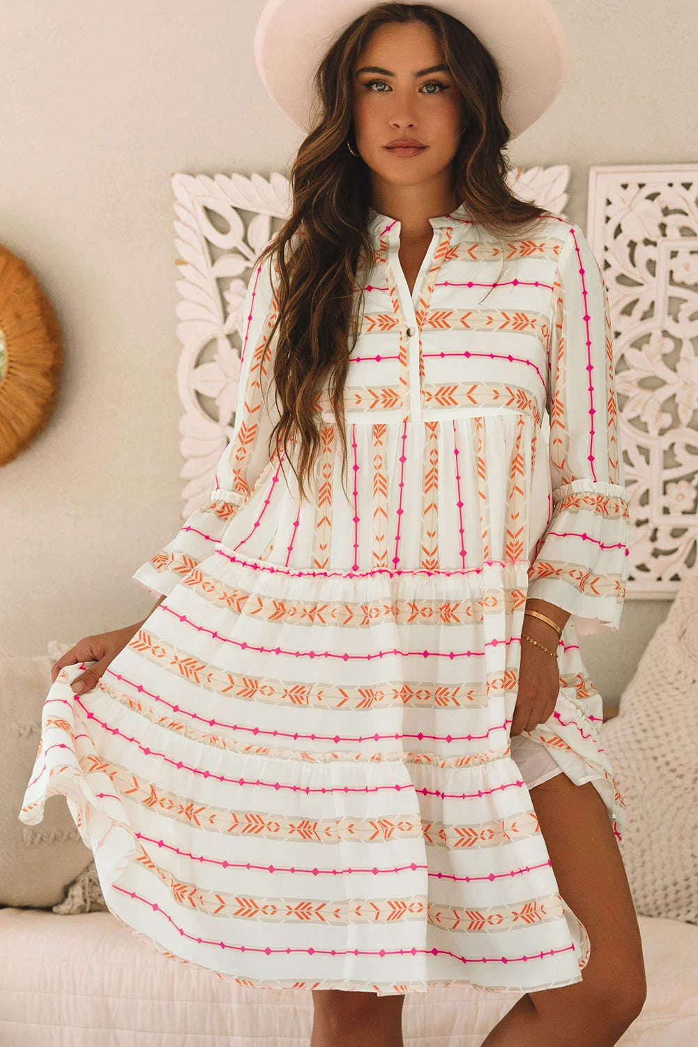 Crafted Threaded Pear Winnie Bracelet Sleeve Slit Neck Ruffled Loose Dress Original