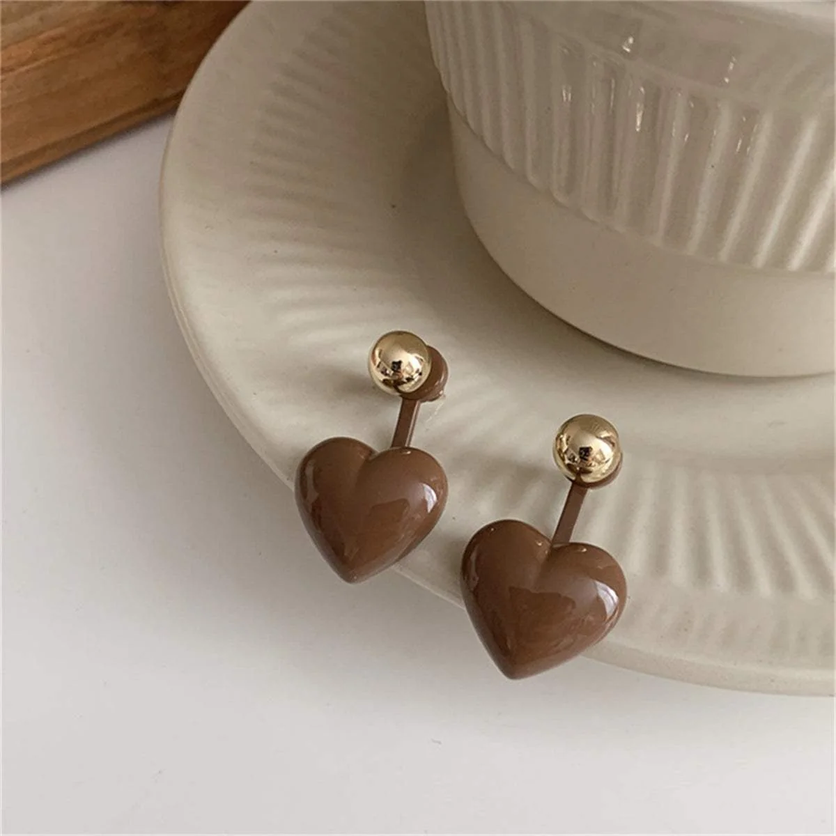 Exclusive Coffee Enamel Goldtone Heart Ear Jackets Breathable