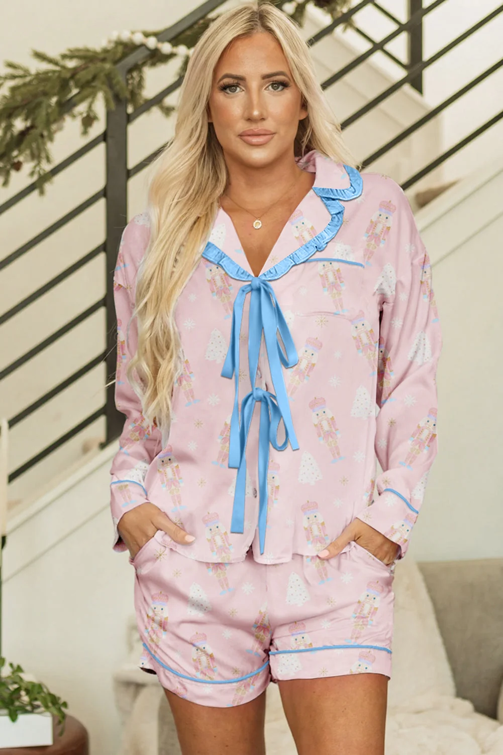 Detailed Threaded Pear Ariel Shorts Pajama Set Long Sleeve Top Functional