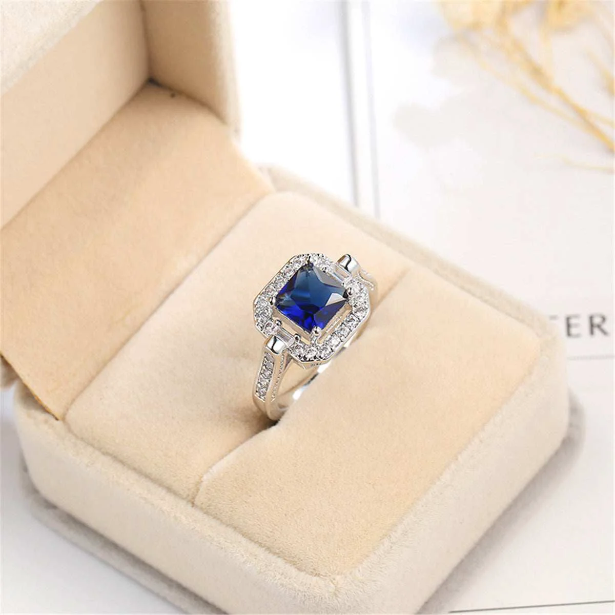 High-Performance Navy Princess Crystal Cubic Zirconia Square Halo Ring Premium