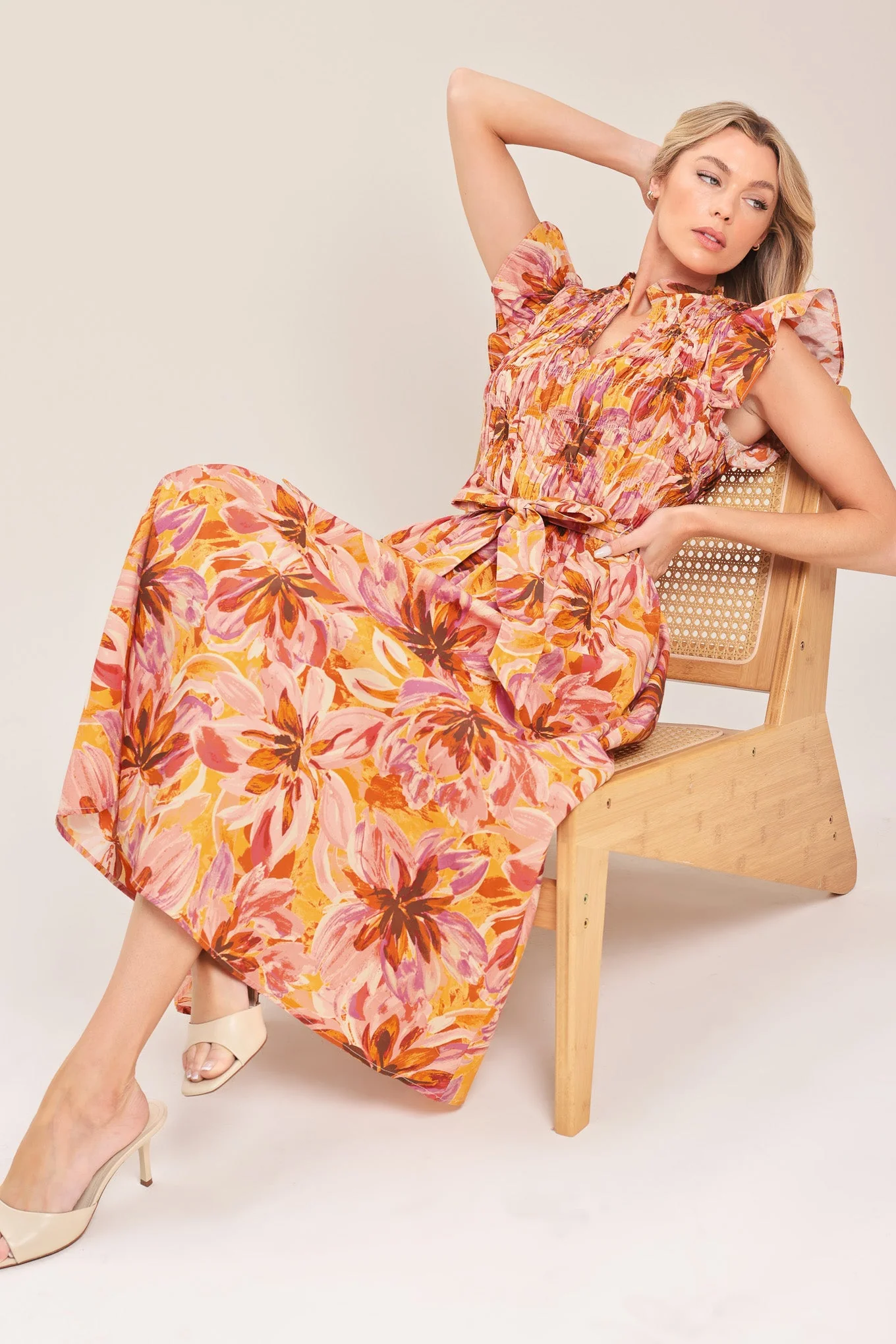 Elegant Apricot Blossom Woven Midi Dress Relaxed