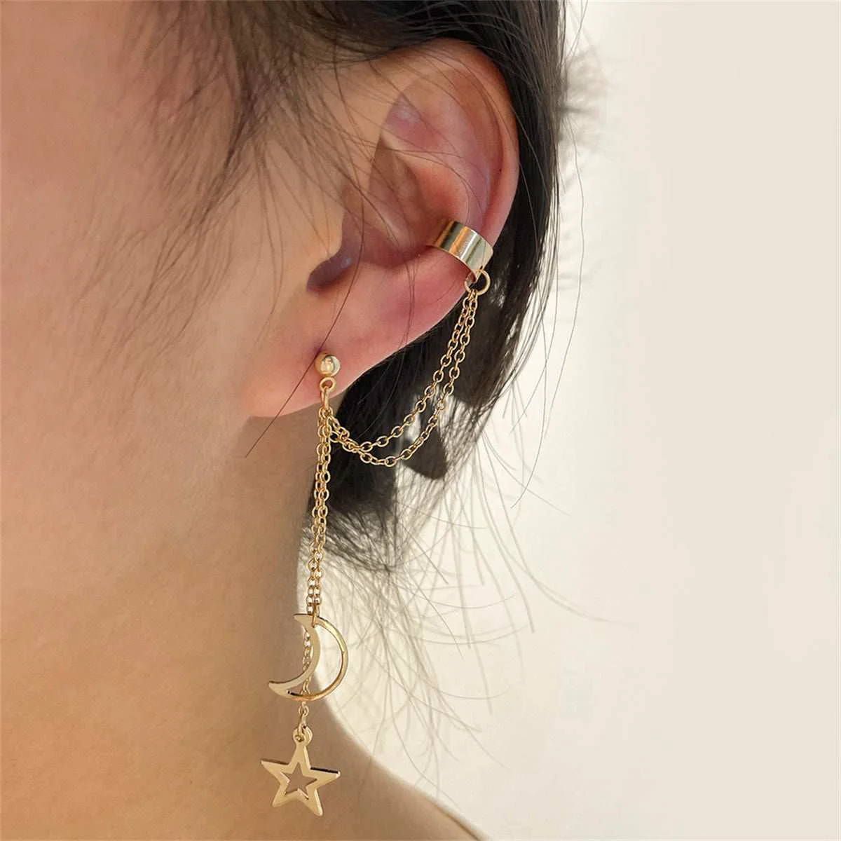 Trendy Goldtone Celestial Ear Cuff Drop Earrings Prestigious