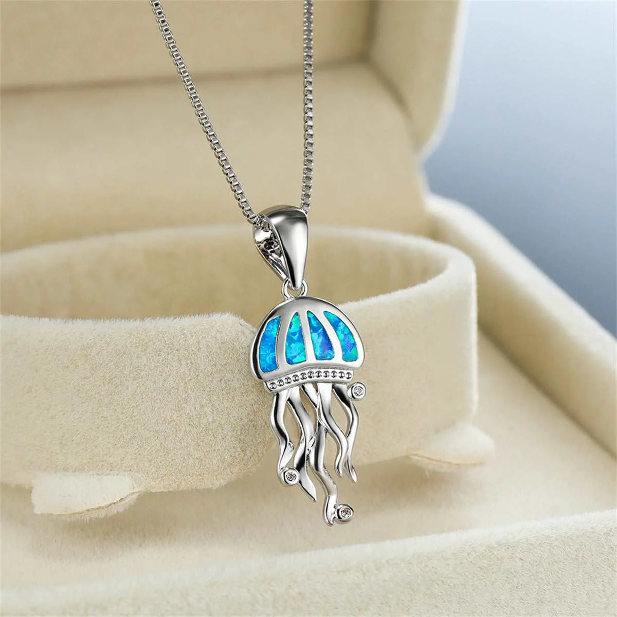 Convenient Blue Opal Clear Cubic Zirconia Jellyfish Pendant Necklace Trusted