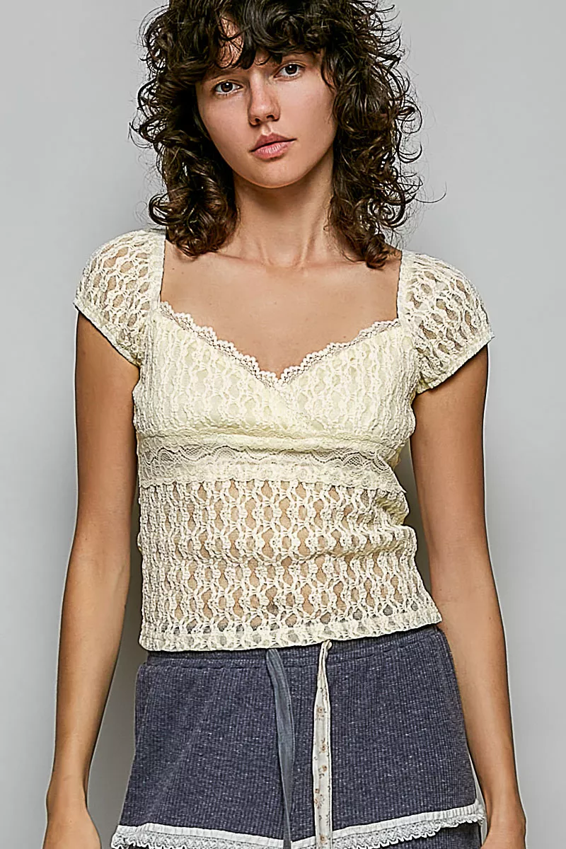 High-Grade POL Sweetheart Neck Lace Short Sleeve Top Sophisticated