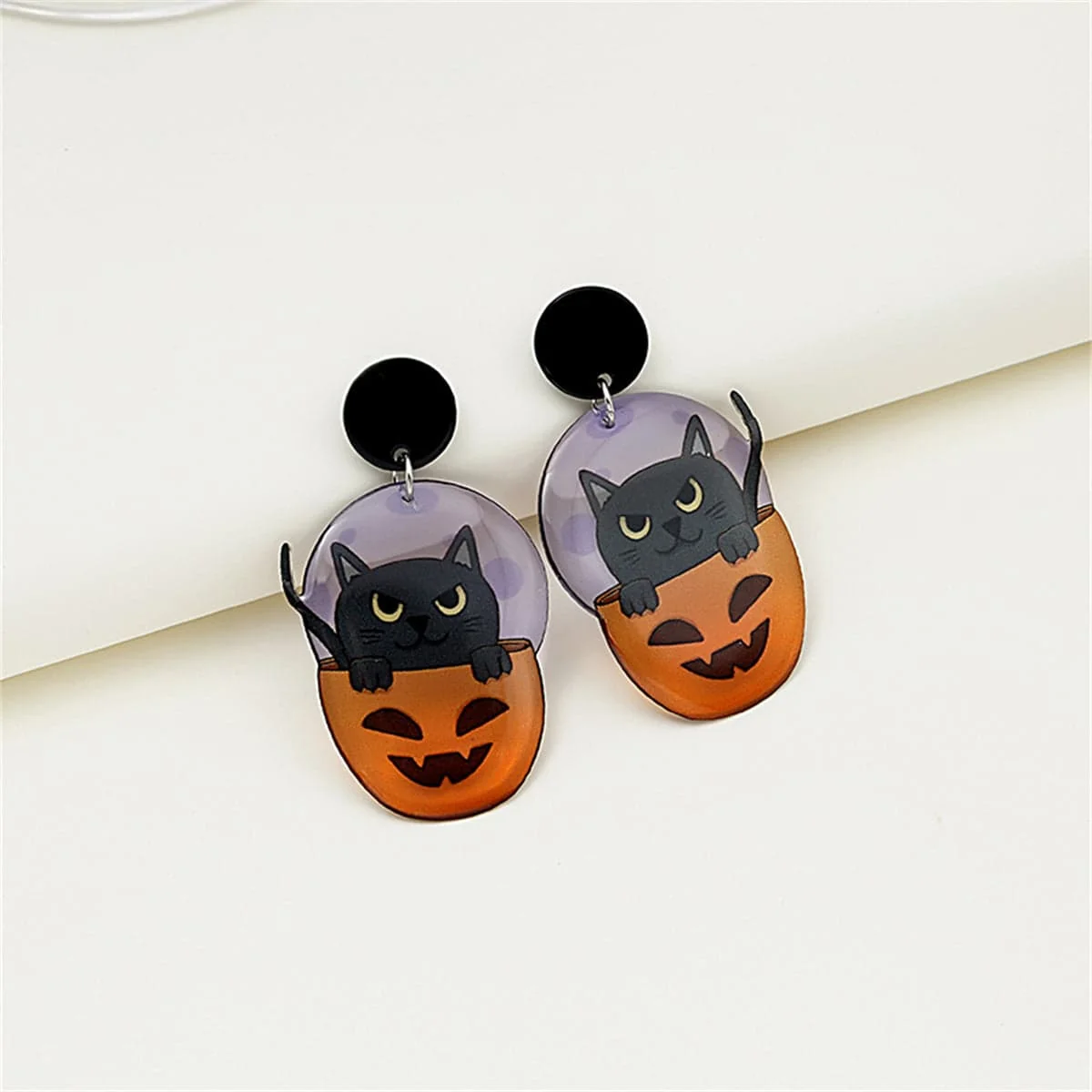 Contemporary Purple Black Cat Pumpkin Drop Earrings Premium