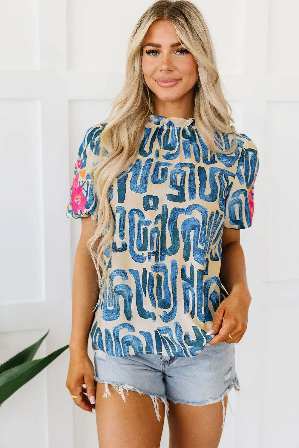 Powerful Threaded Pear Lara Puff Sleeve Frilled Neck Printed Top Original