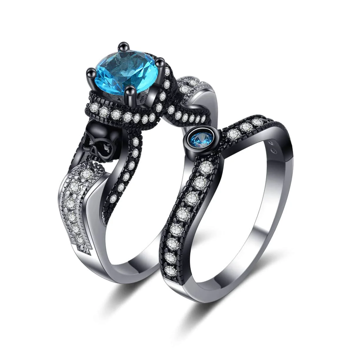 Sophisticated Blue Crystal Cubic Zirconia Skull Ring Set Breathable