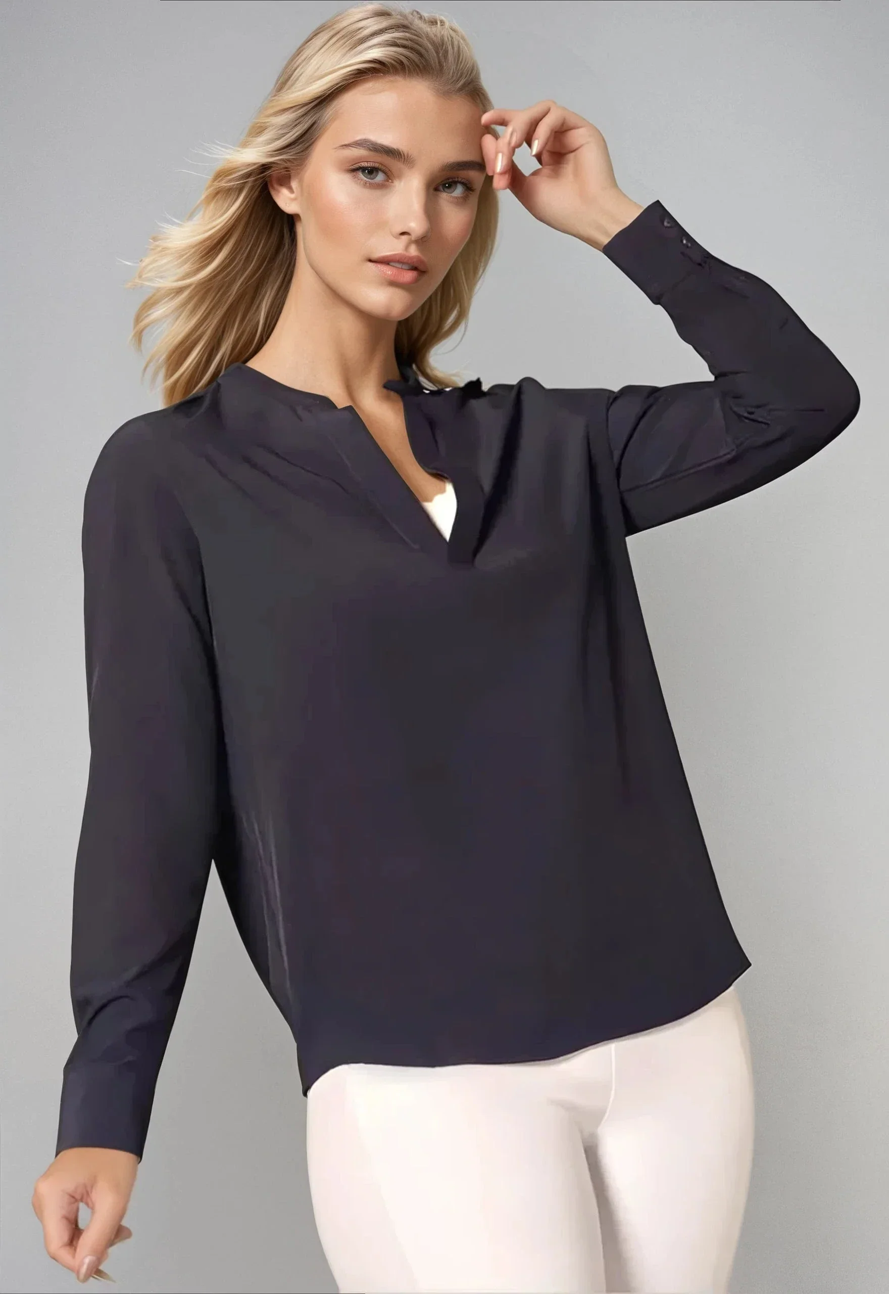 Solid Resort Vee Long Sleeve Popover Shirt - Navy Functional