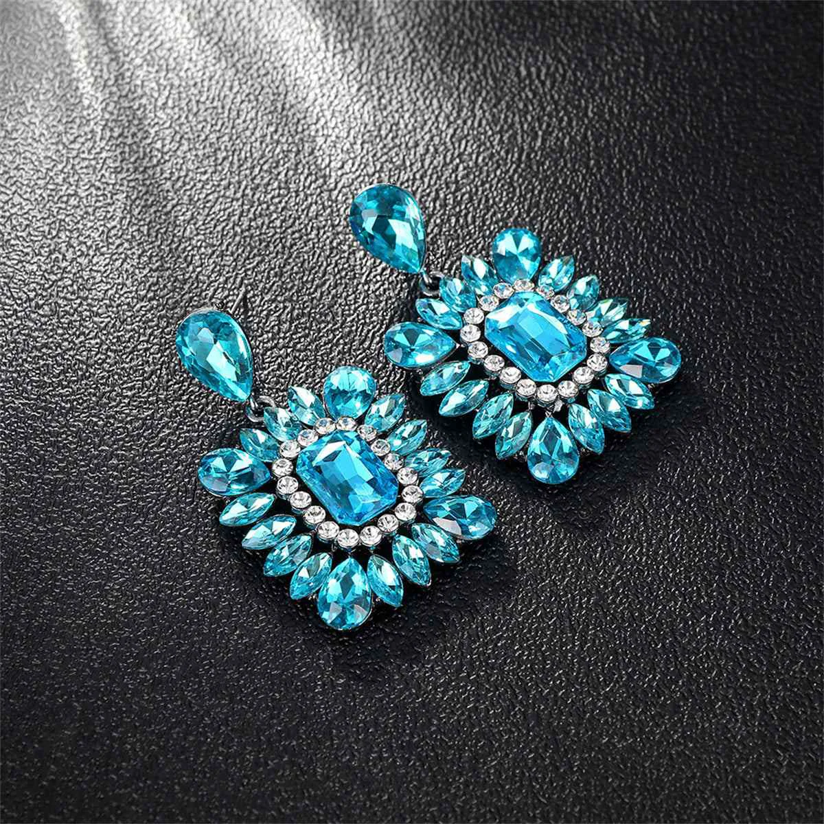 Verified Blue Crystal Clear Cubic Zirconia Rectangle Drop Earrings Smooth
