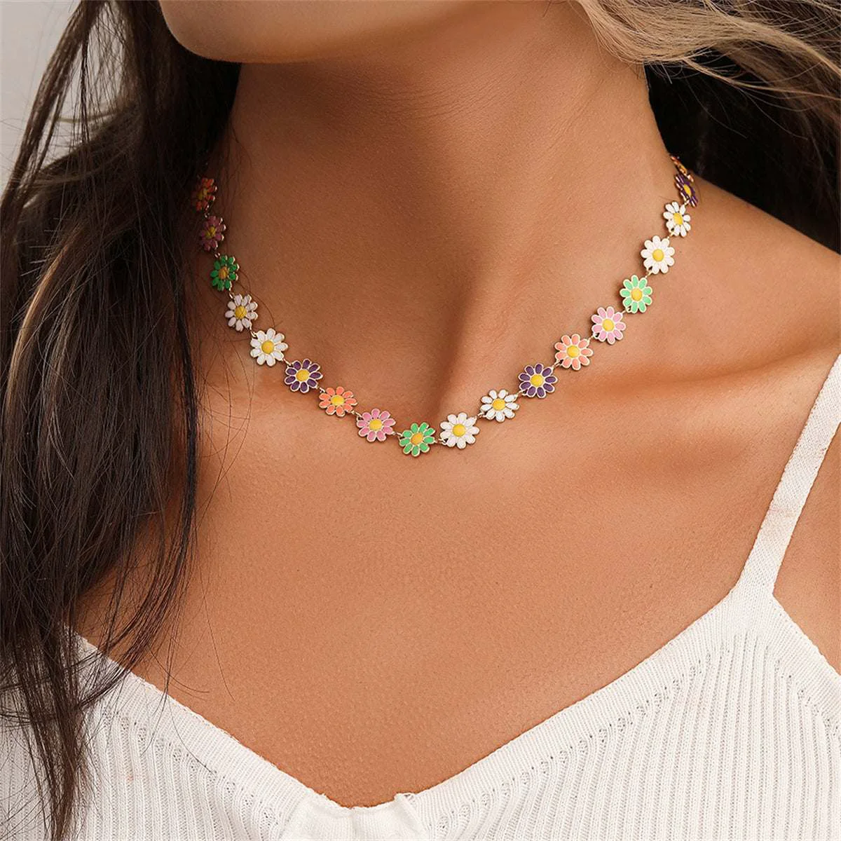 Carefully Designed Pink Goldtone Multicolor Daisy Station Necklace Convenient