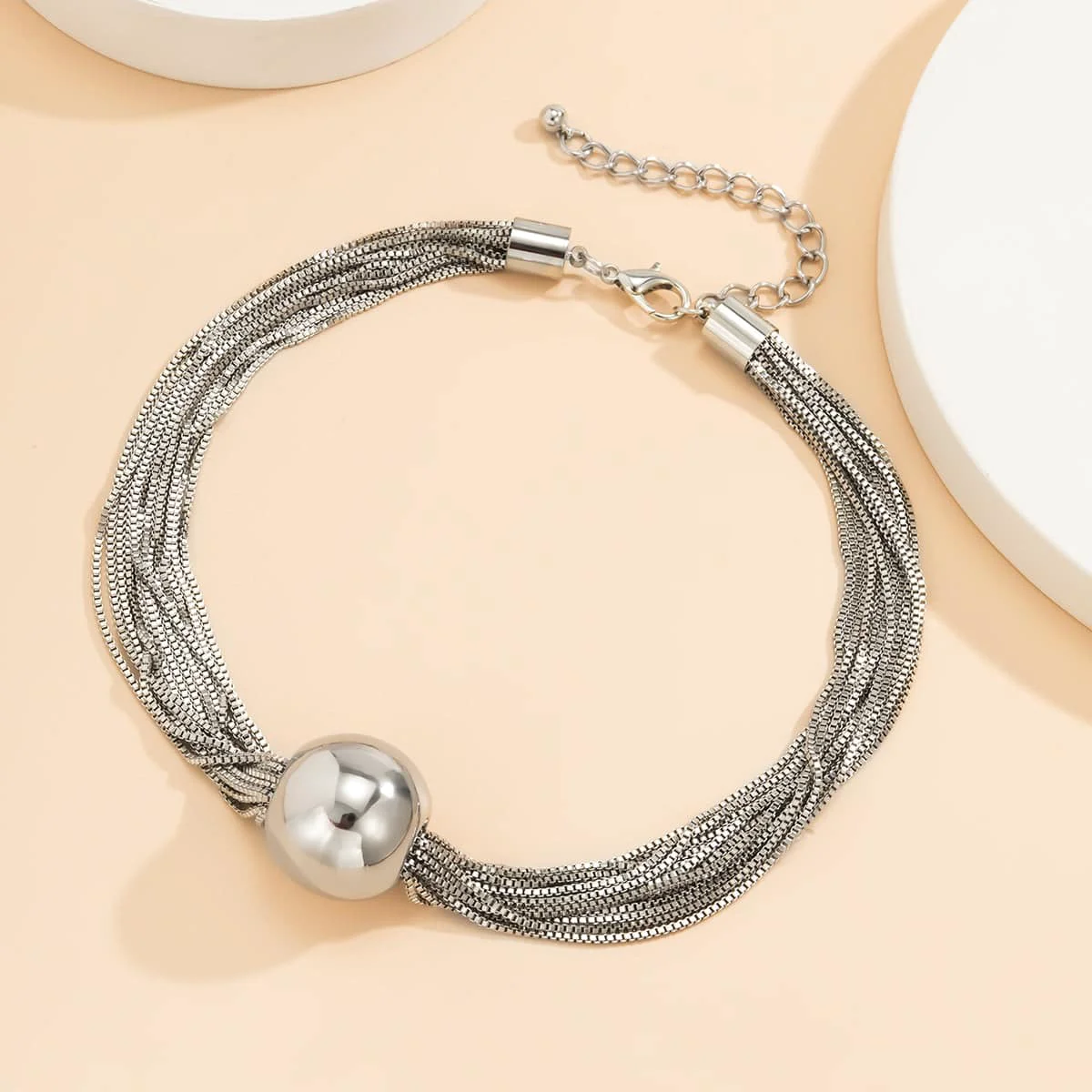 Authentic Silvertone Multi-Chain Ball Pendant Statement Necklace Genuine
