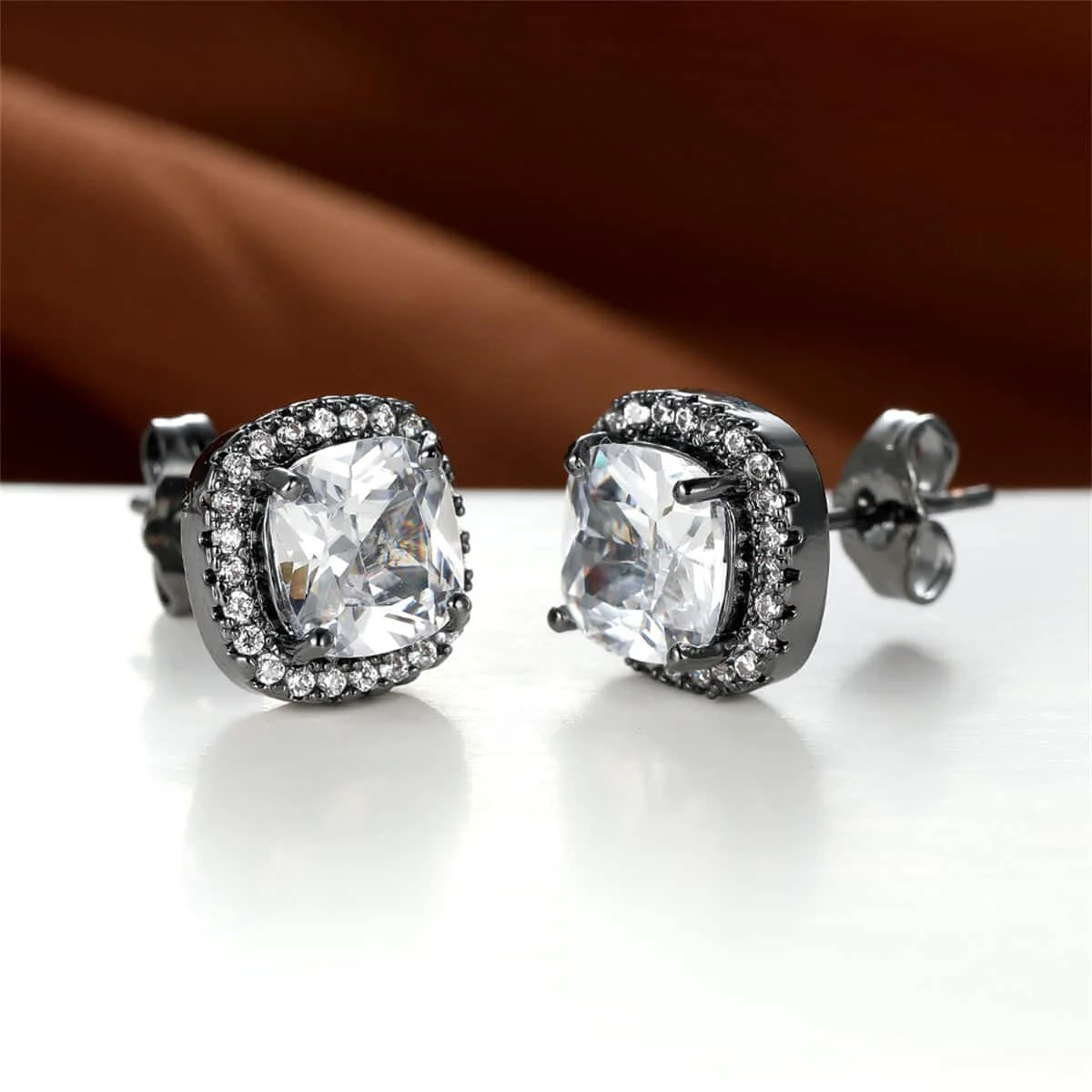 Certified Clear Princess Crystal Blacktone Halo Stud Earrings Crafted