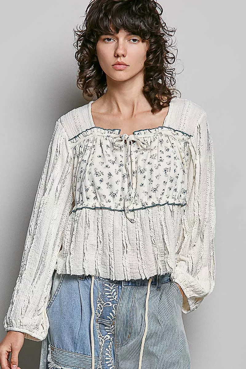 Pure POL Square Neck Lace Long Balloon Sleeve Top Traditional