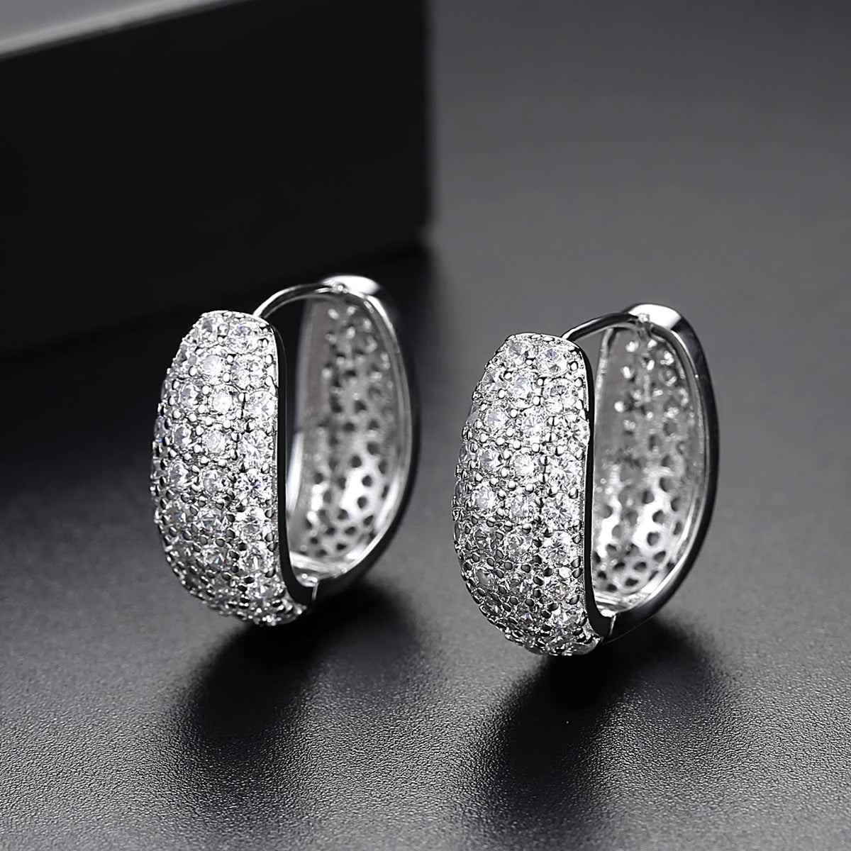 Stylish Cubic Zirconia Silvertone Dome Huggie Earrings Casual