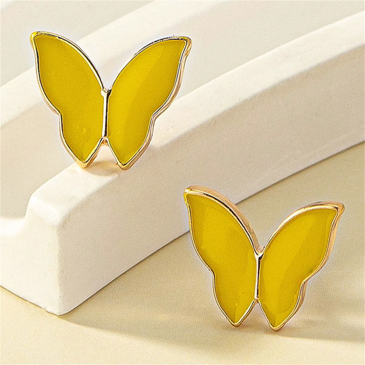 Casual Yellow Enamel Goldtone Butterfly Stud Earrings Detailed