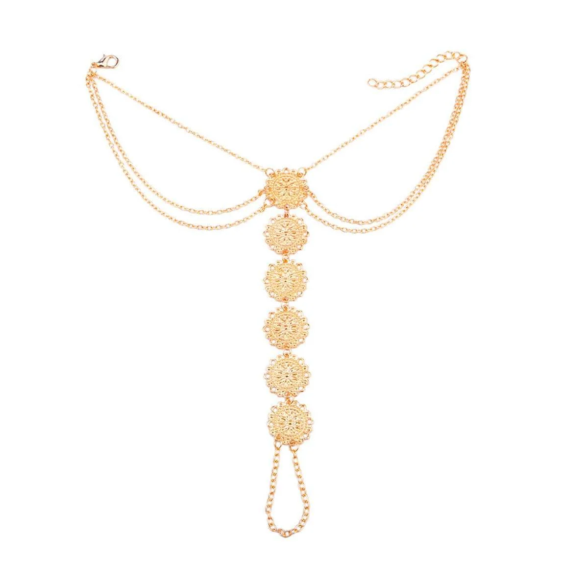 Fine Crafted Goldtone Floral Round Plate Ankle-To-Ring Anklet Contemporary