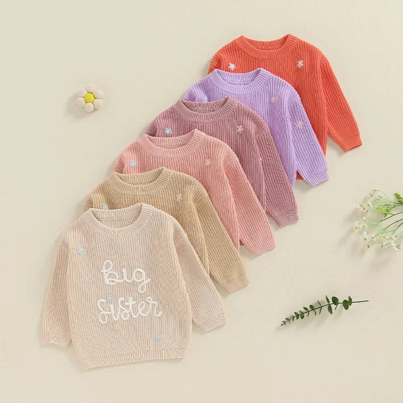 Original Design Toddler Kids Girl Big Sister Sweater Cute Long Sleeve Letter Embroidery Knit Pullover Loose TopSPECIFICATIONS Detailed