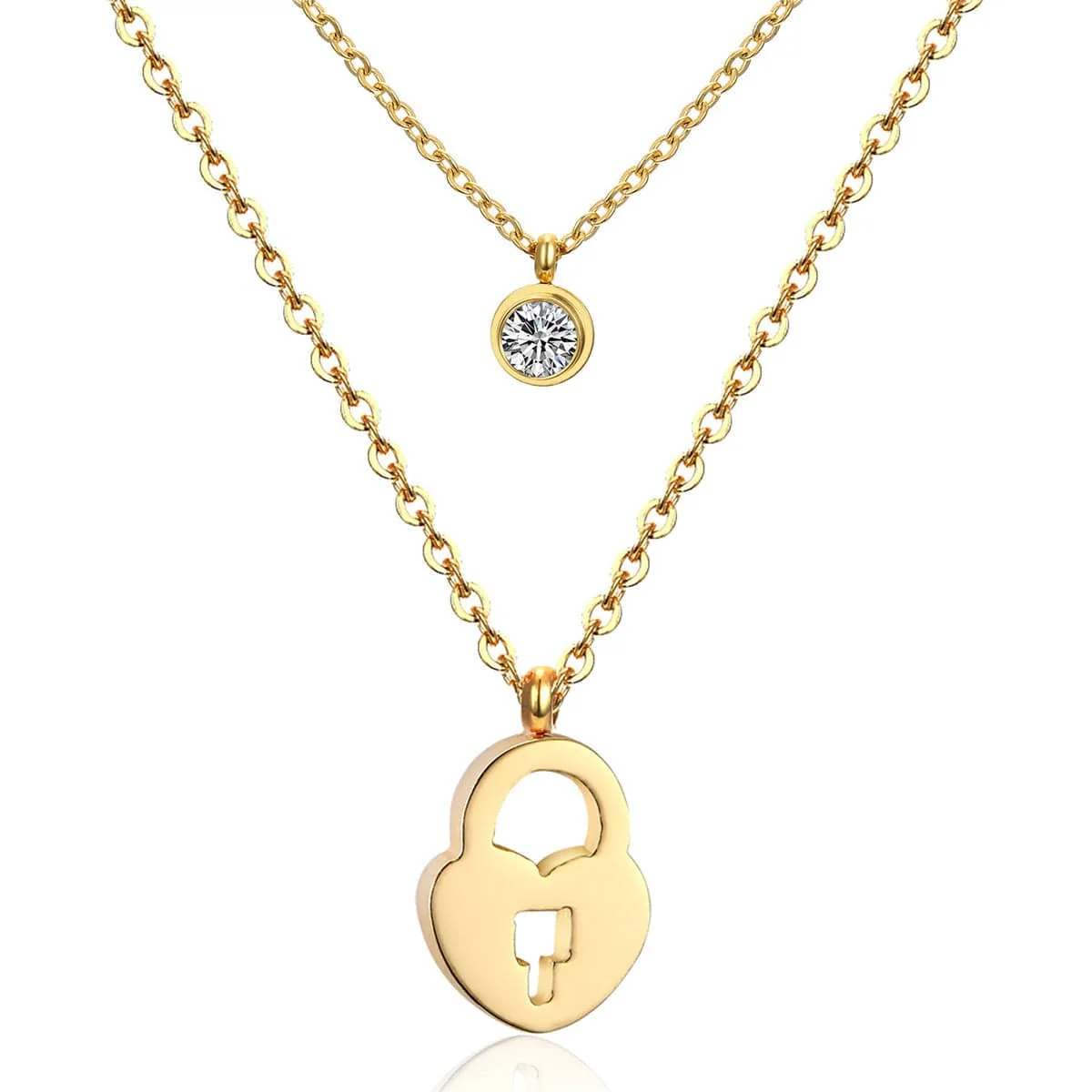 Sustainable Cubic Zirconia Goldtone Lock Pendant Layered Necklace Comfortable
