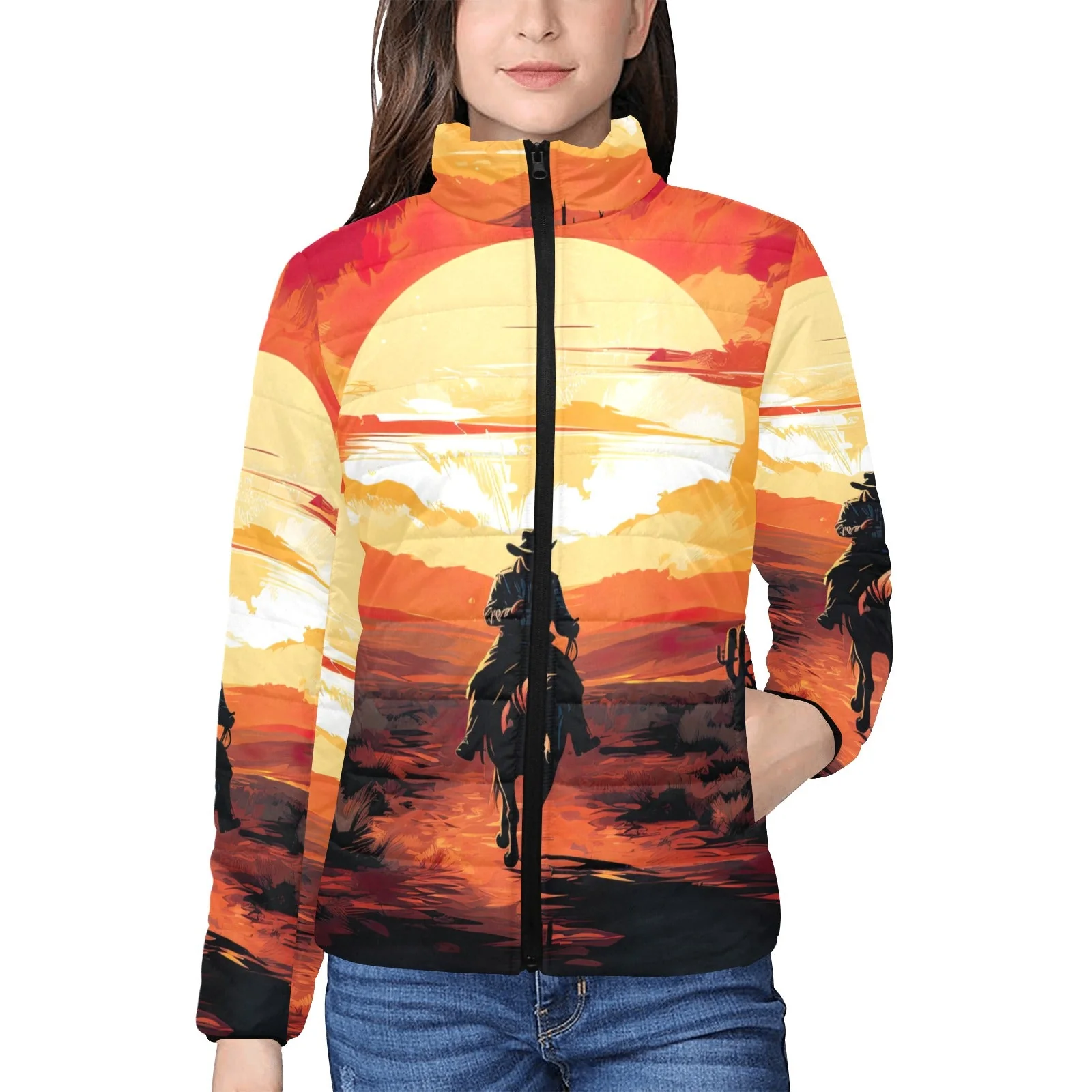Modern Sunset Cowboy Desert Women's Puffy Bomber Jacket Effective