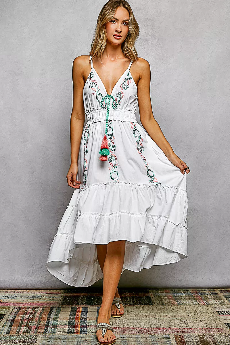 Elite POL Embroidered Detail Tassel Tie Smocked Waist Midi Tiered Cami Dress Secure