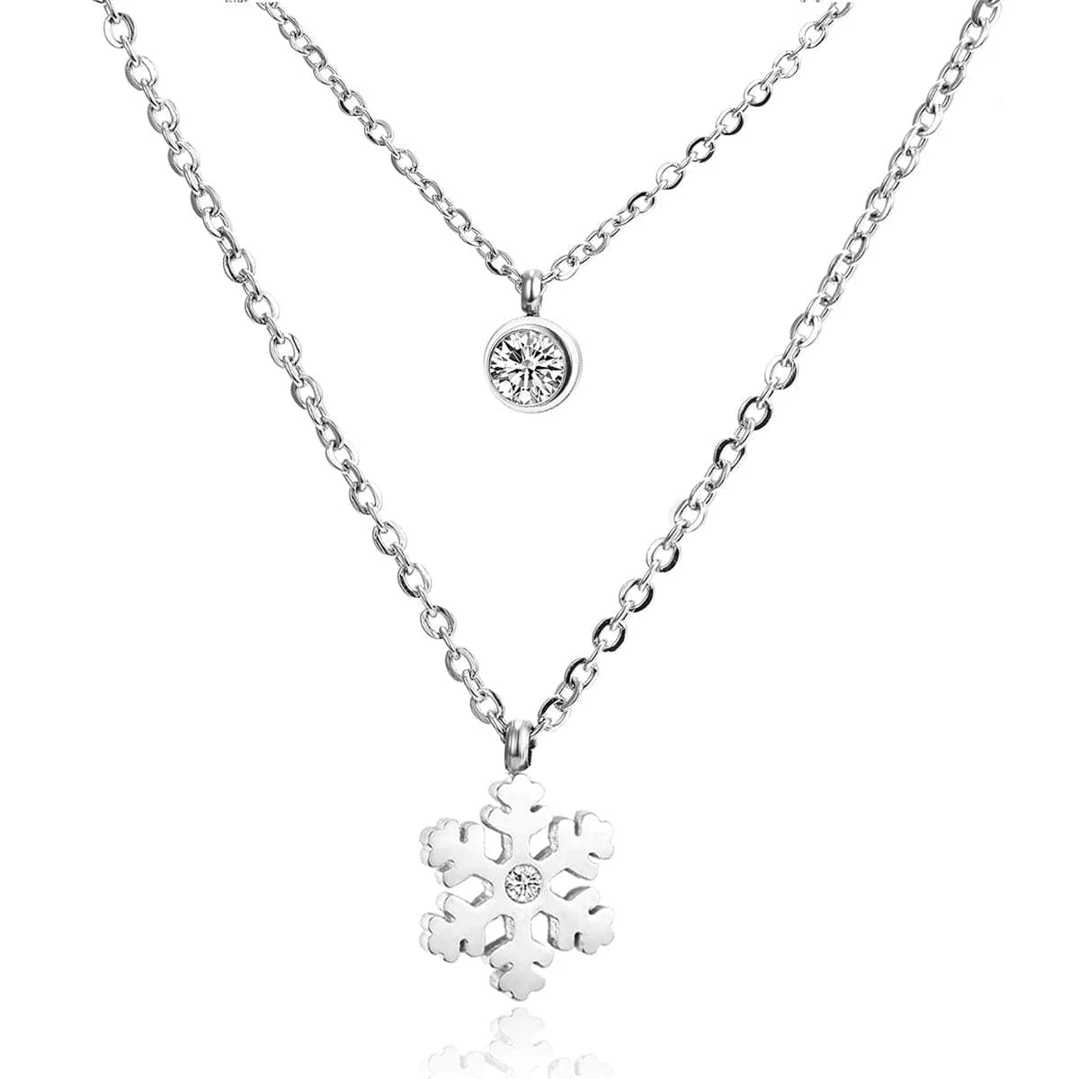 Casual Cubic Zirconia Silvertone Snowflake Layered Pendant Necklace Solid