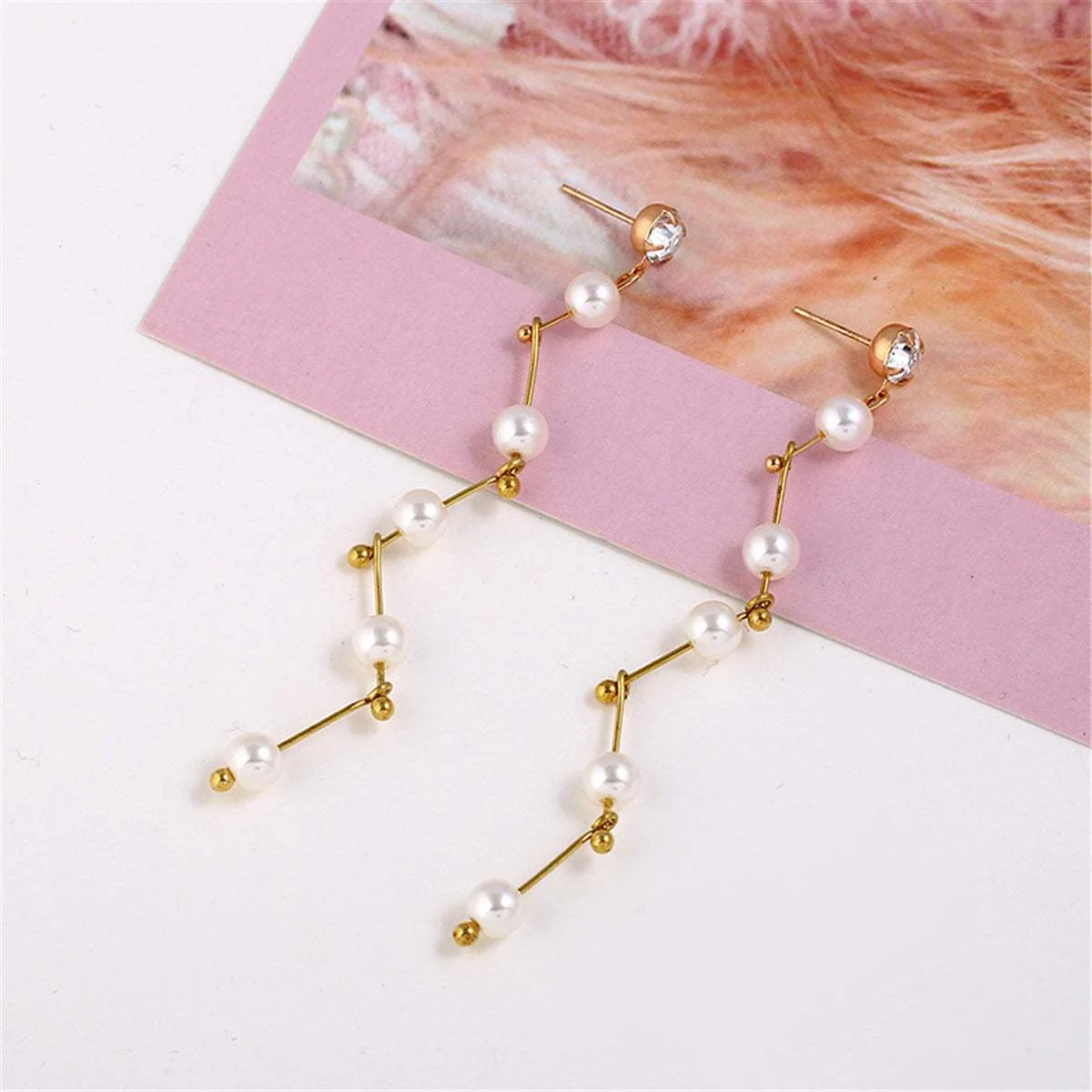 Crafted Pearl Cubic Zirconia Goldtone Linking Drop Earrings Natural