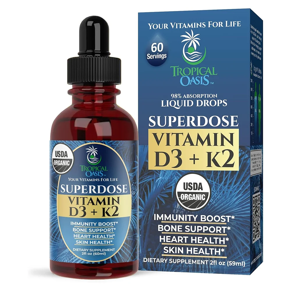 Unique Tropical Oasis Vitamin D3 and K2 Adults Liquid Drops for Bone Heart and Immune Support 2Oz 59ml Relaxed