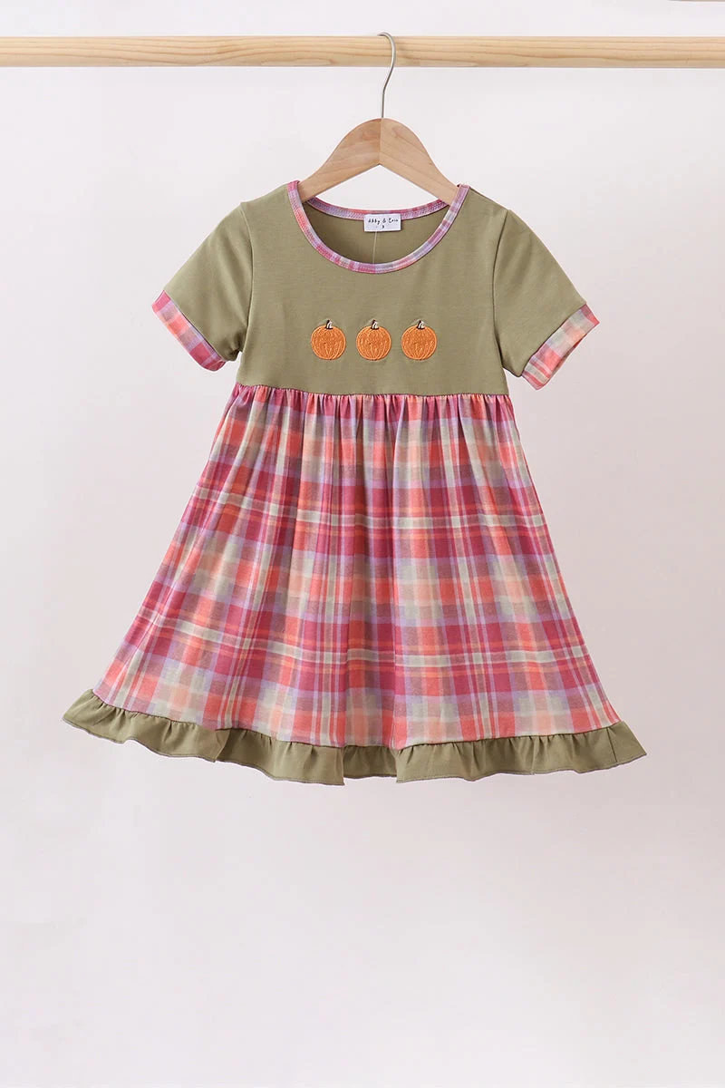Breathable Camel Pumpkin Embroidery Plaid Dress Dependable