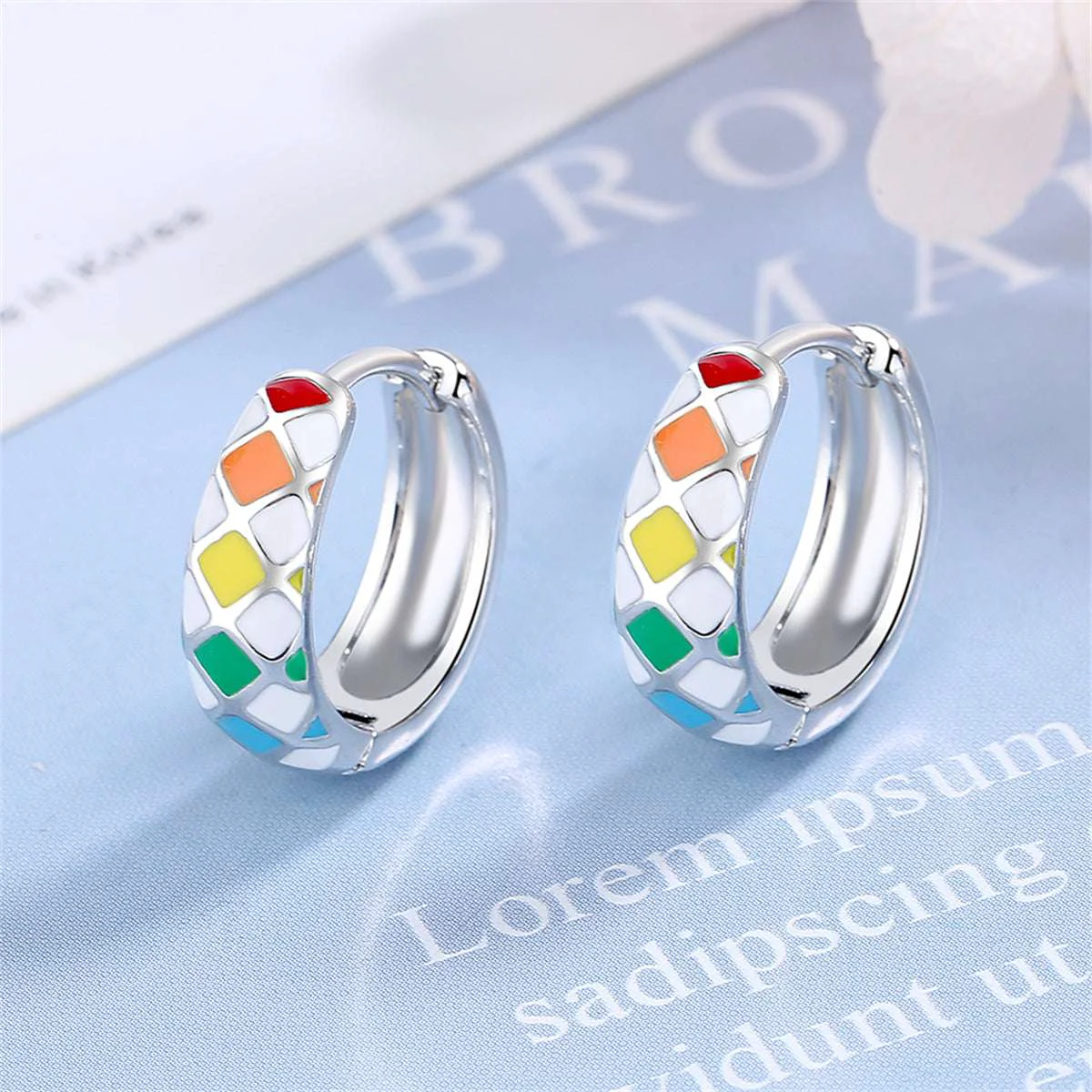 Stylish Yellow Enamel Silvertone Geometric Huggie Earrings Modern