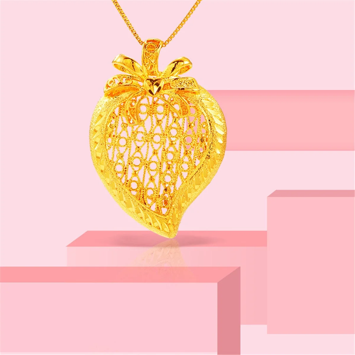 Superior 24k Goldtone Open Heart Pineapple Pendant Necklace Detailed