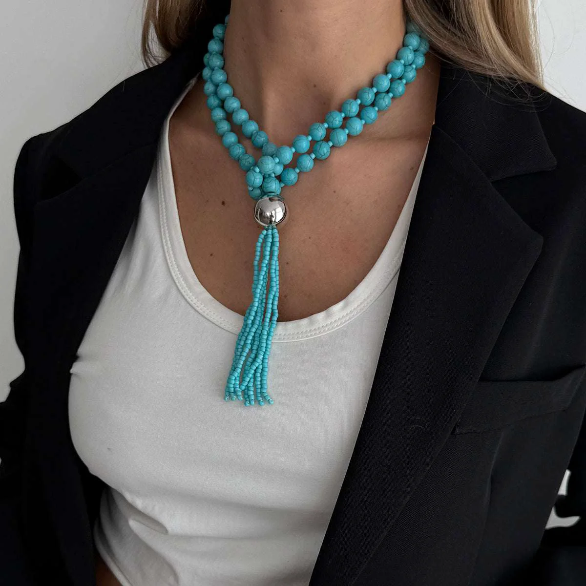 Smooth Blue Resin Silvertone Big Ball Tassel Necklace Clean