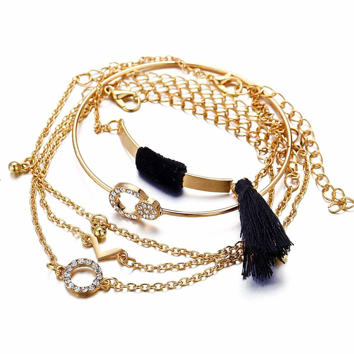 Advanced Black Cubic Zirconia Polyster Goldtone Tassel-Accent Bracelet Set Verified