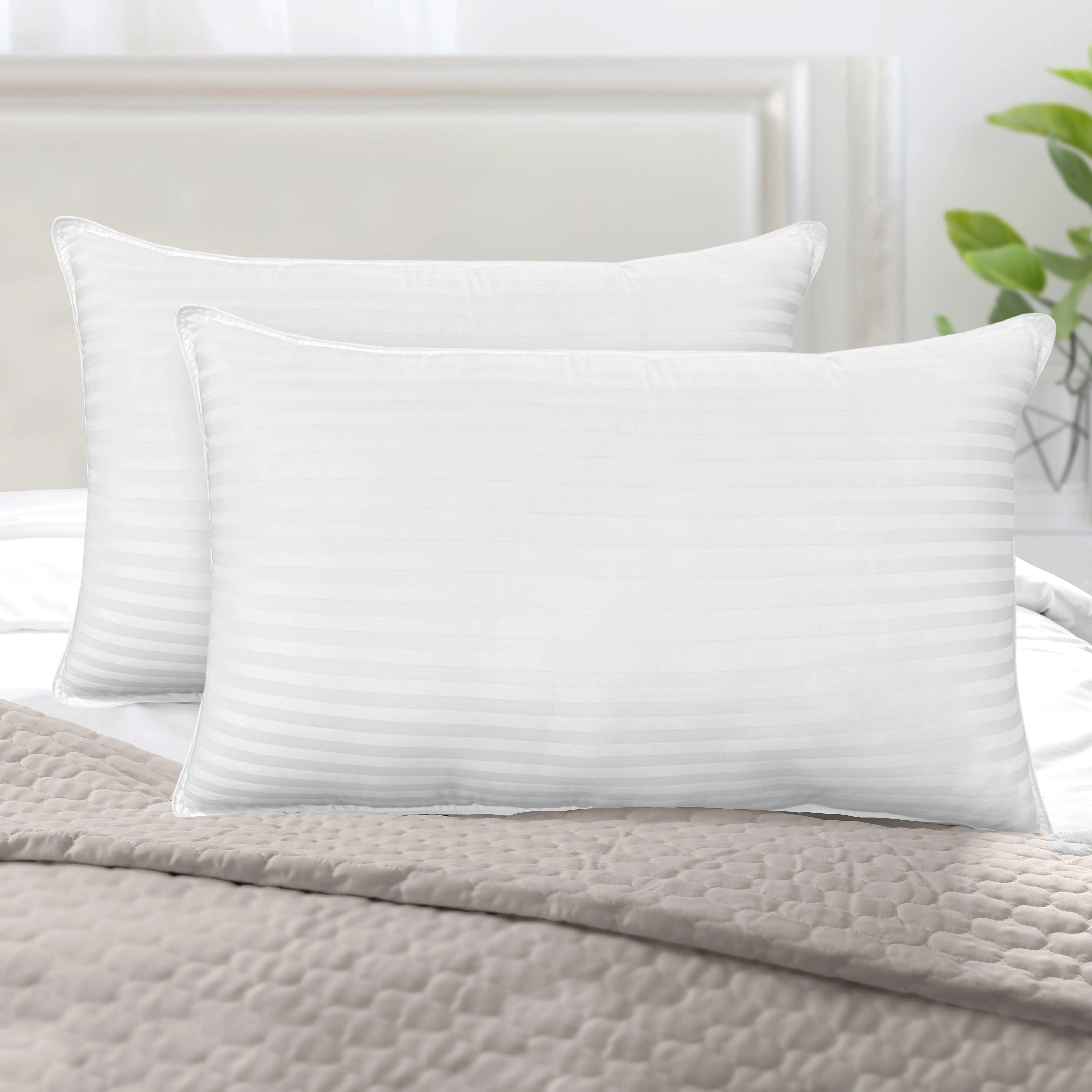 Contemporary Elegant Comfort Retreat Stripe Cotton Shell Hotel Pillows Gel-Infused Filling - Set of 2 Premium