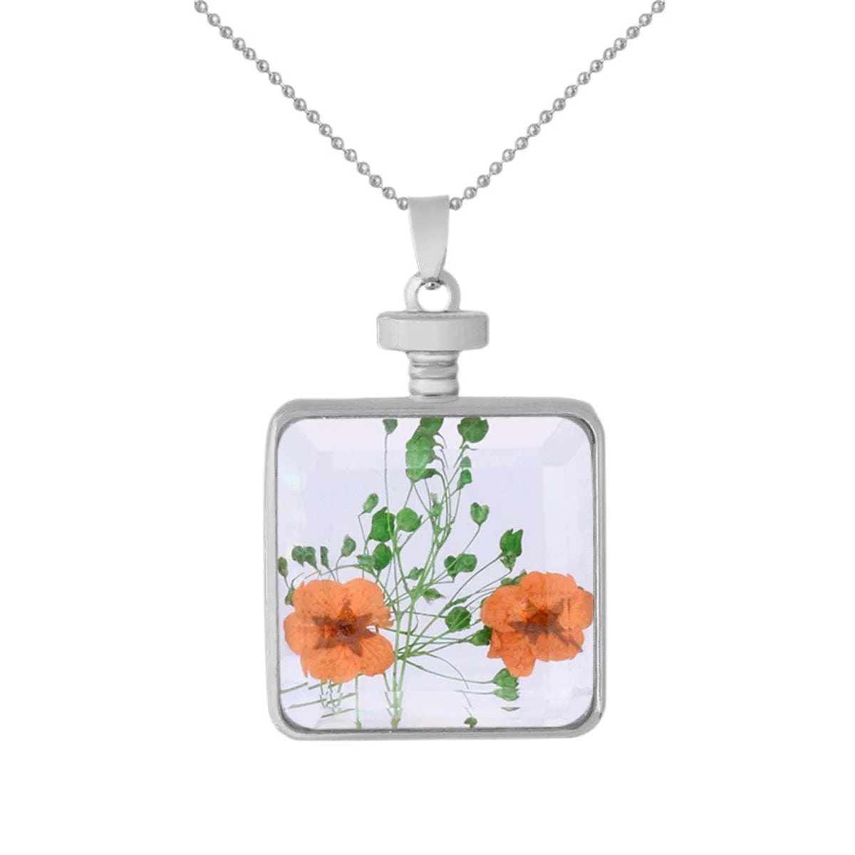 Stylish Peach Silvertone Pressed Flower Square Pendant Necklace User-Friendly