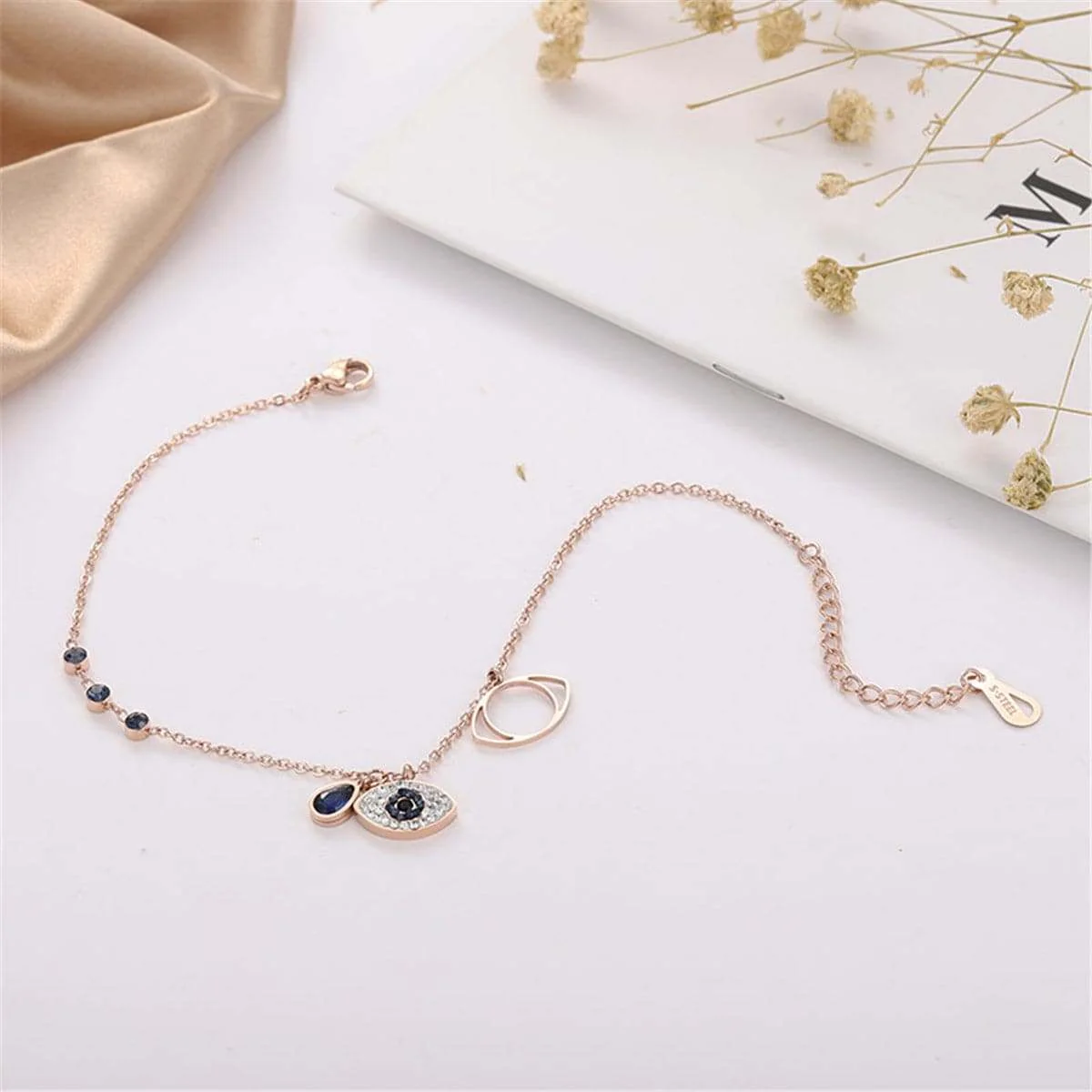Casual Cubic Zirconia Crystal Rose Goldtone Devil Eye Charm Bracelet Exceptional