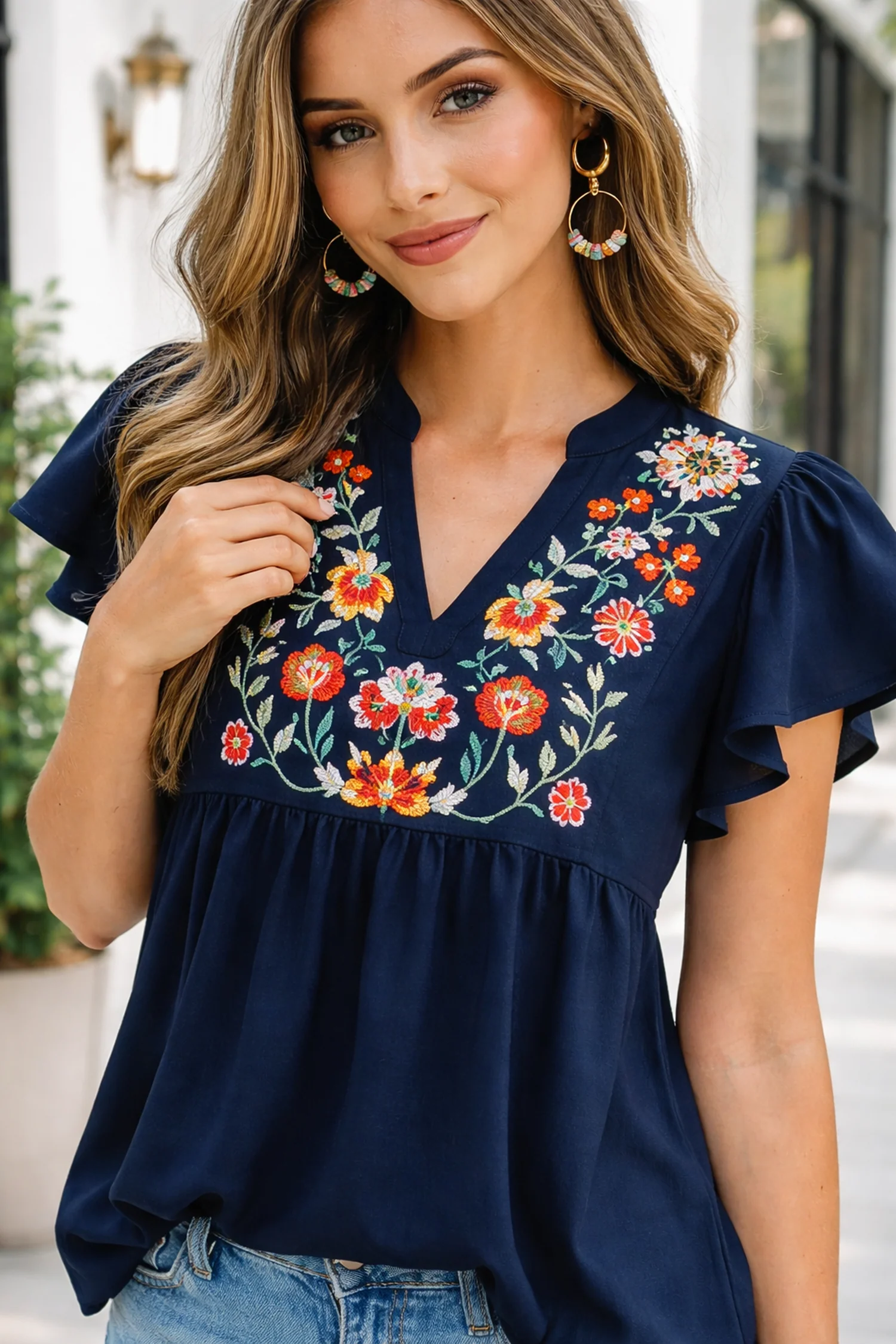 Flexible Threaded Pear Erin Embroidered Detail Babydoll Blouse Authentic