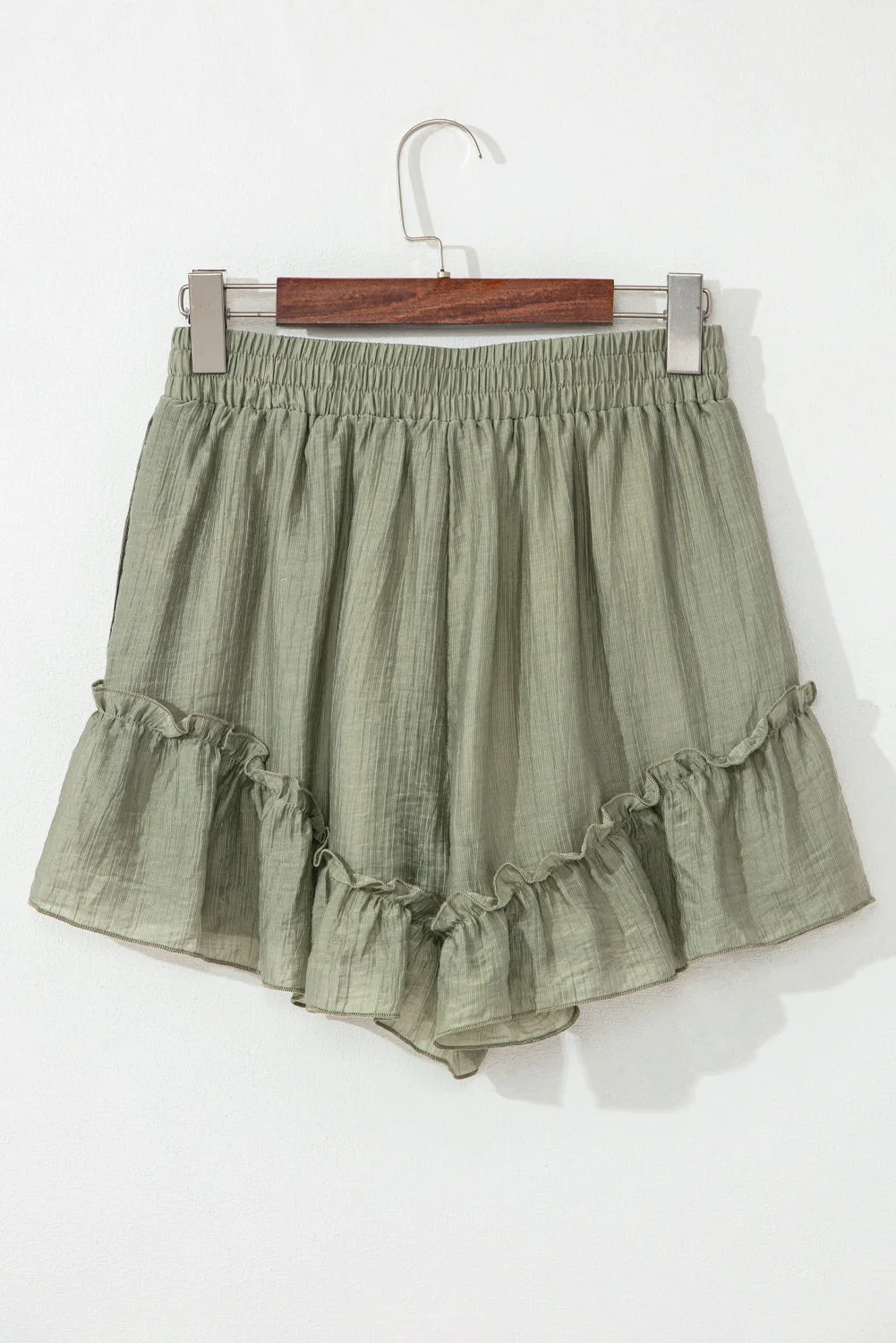 Pure Threaded Pear Laurel Green Textured Tie Waist Ruffle Hem Shorts Selected
