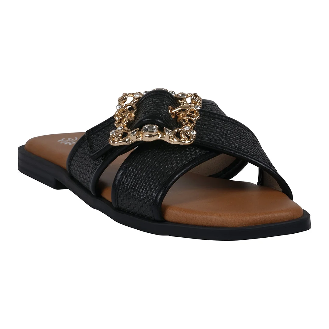 Solid Women's Ivy Black Woven Flat Sandals Sophisticated