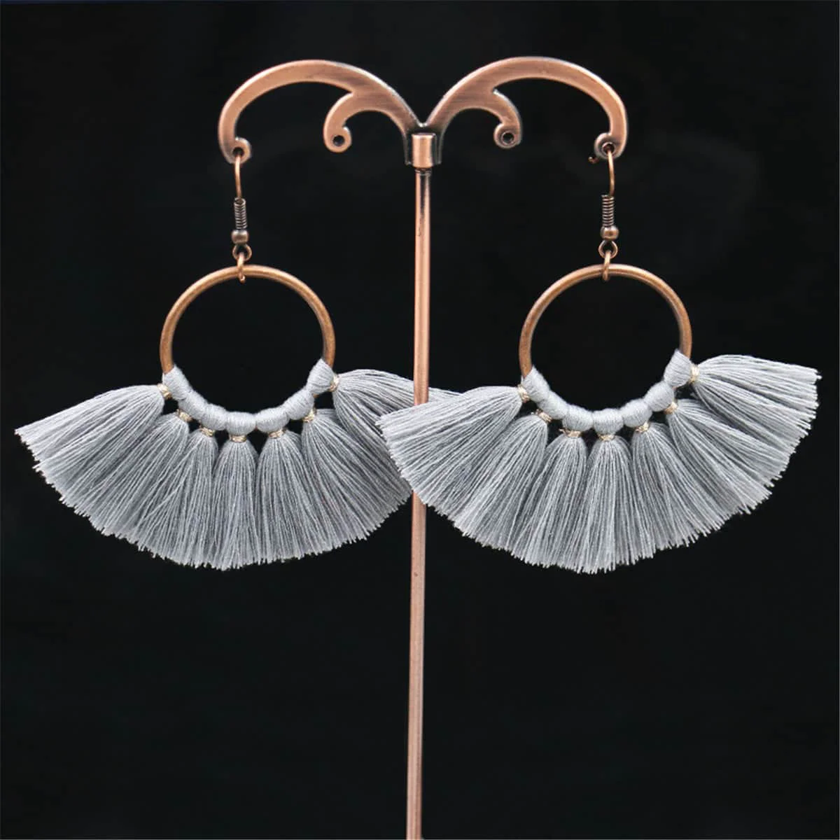 Superior Gray Polyster Goldtone Fan Tassel Drop Earrings Top-Quality