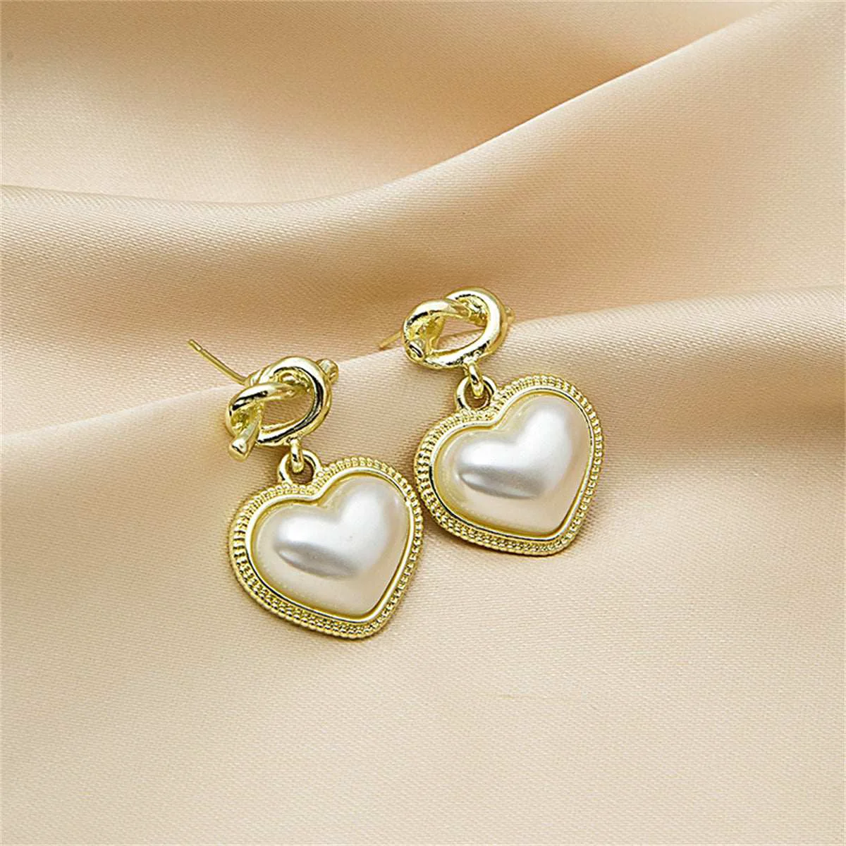 Top-Quality Pearl Goldtone Knot Heart Drop Earrings First-Class