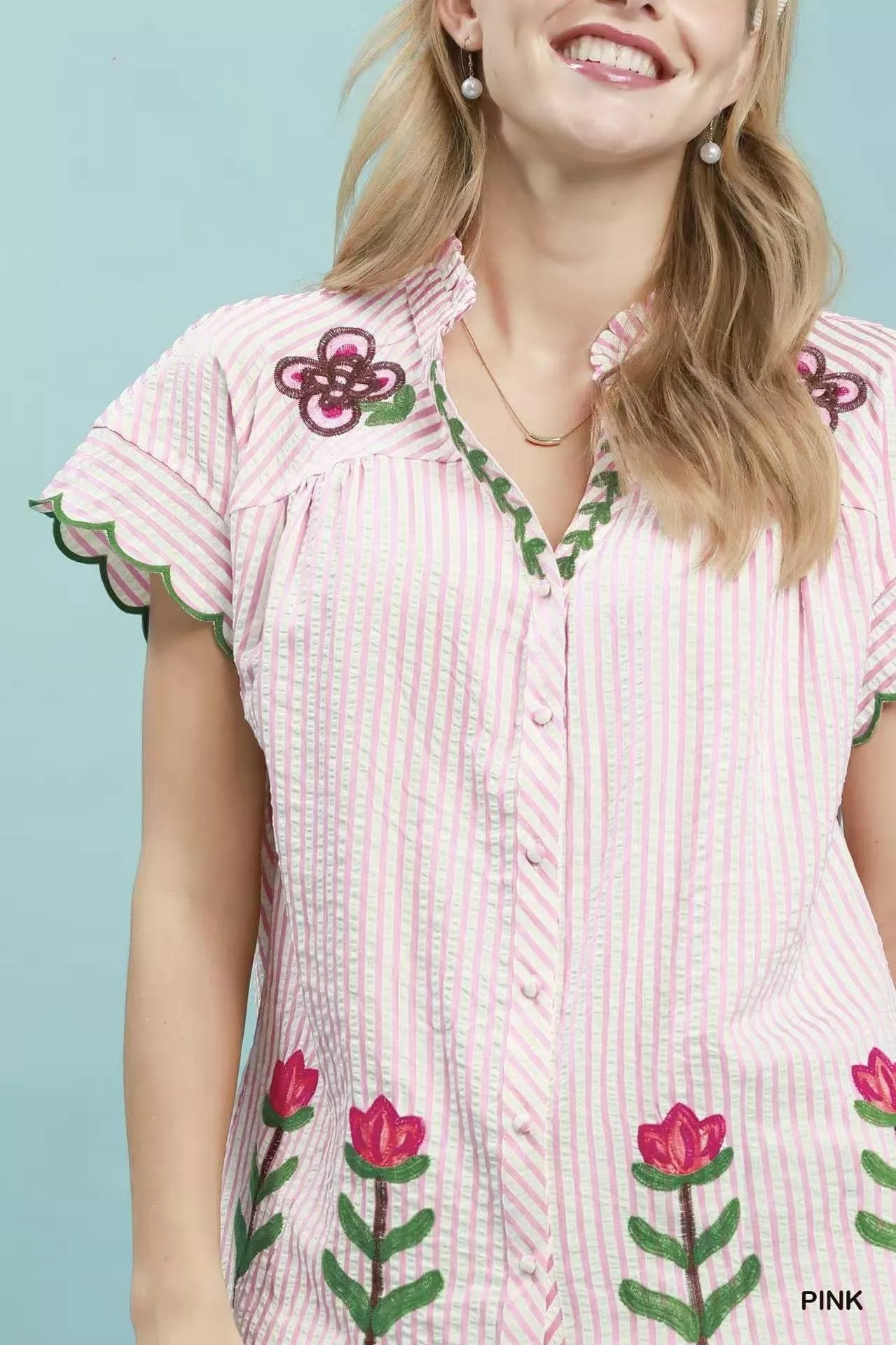 Green Umgee Embroidered Stripe Button Front Top Organic