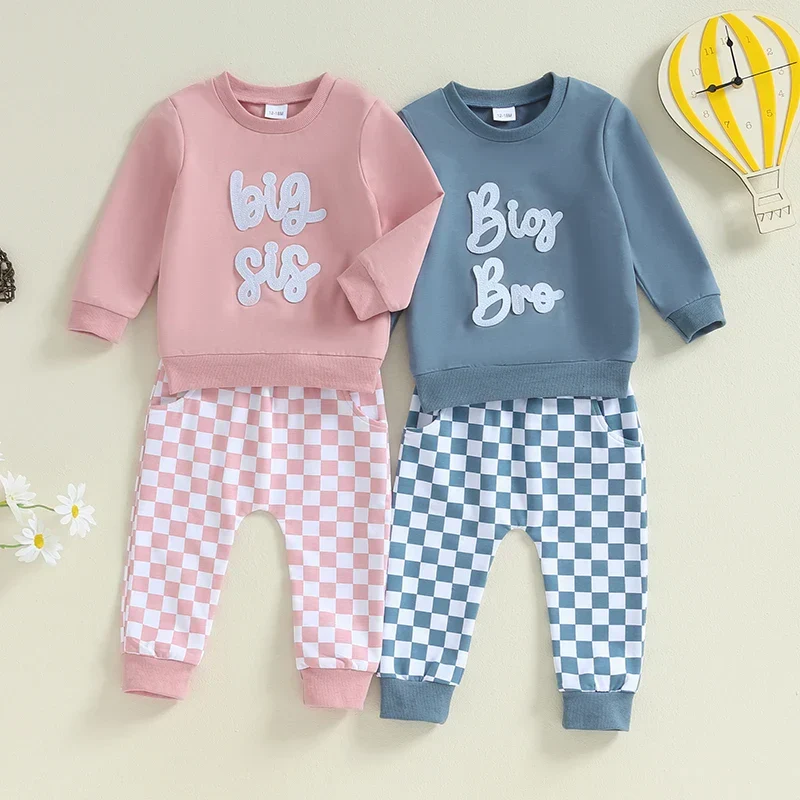 Unique Baby Toddler Kids 2Pcs Big Sis Bro Fall Outfit Long Sleeve Letter Embroidery Pullover Checkered Pants SetSPECIFICATIONS High-Quality