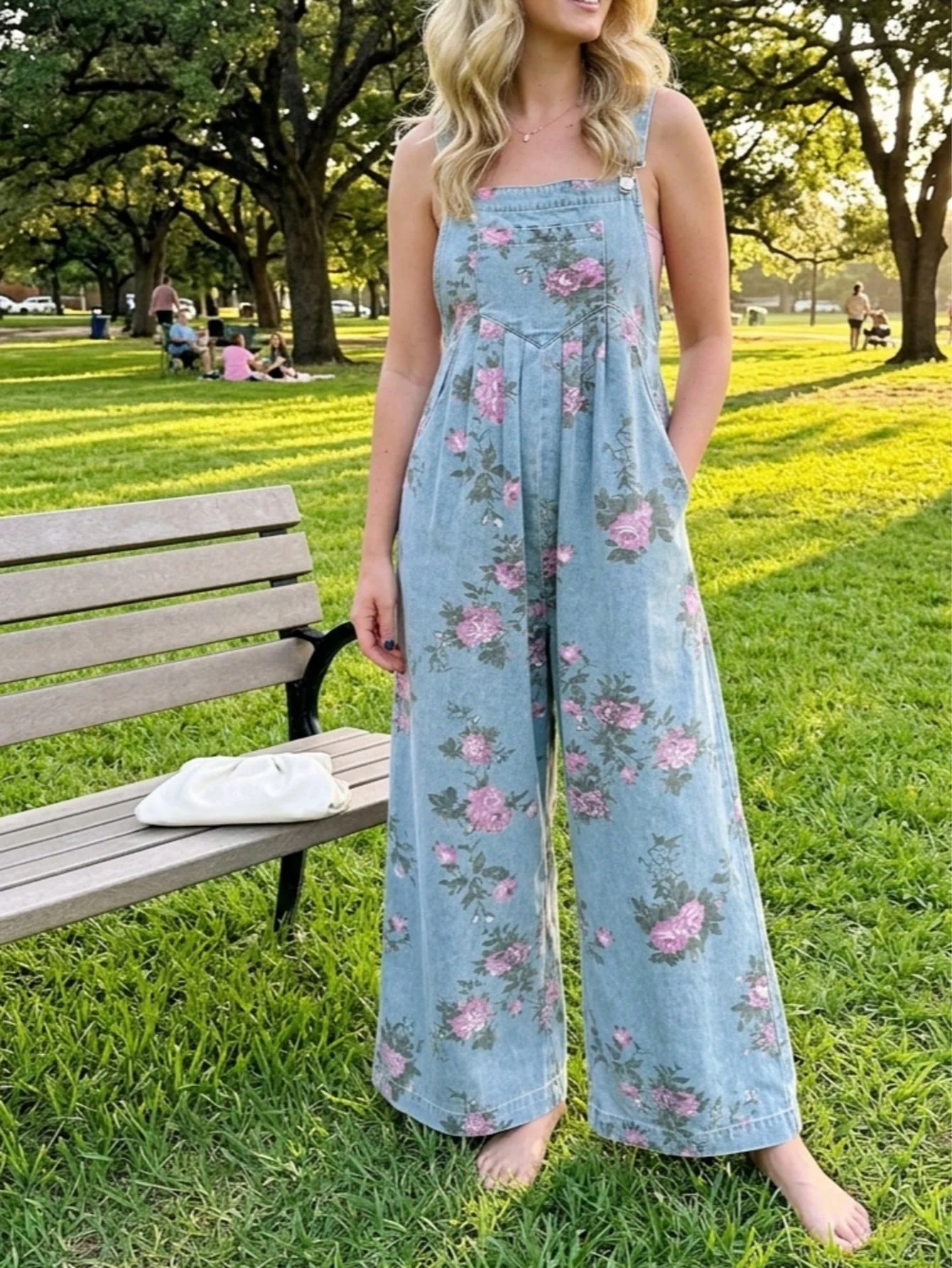 World-Class Boho Button Floral Jean Cotton Denim Overall Romper Jumpsuit Eco-Friendly