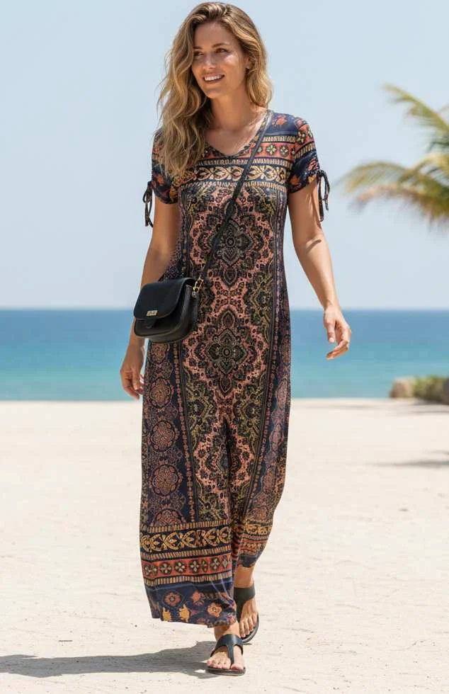 Sophisticated Lily by Firmiana Women s Short Sleeve Maxi Dress Women s Apparel Brown Rust Border Print Powerful